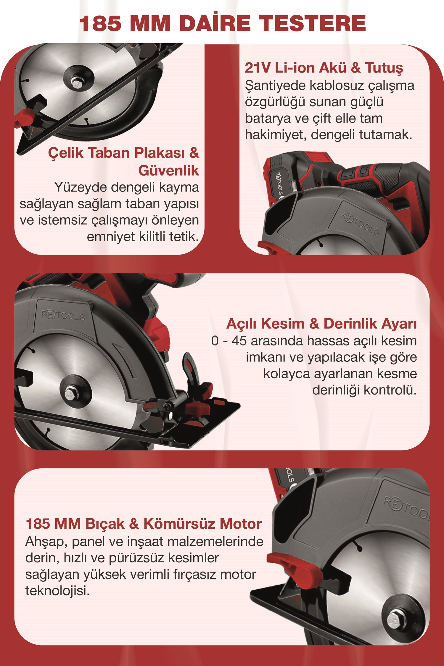 RETOOLS 5830 BORDO 185 MM ŞARJLI DAİRE TESTERE