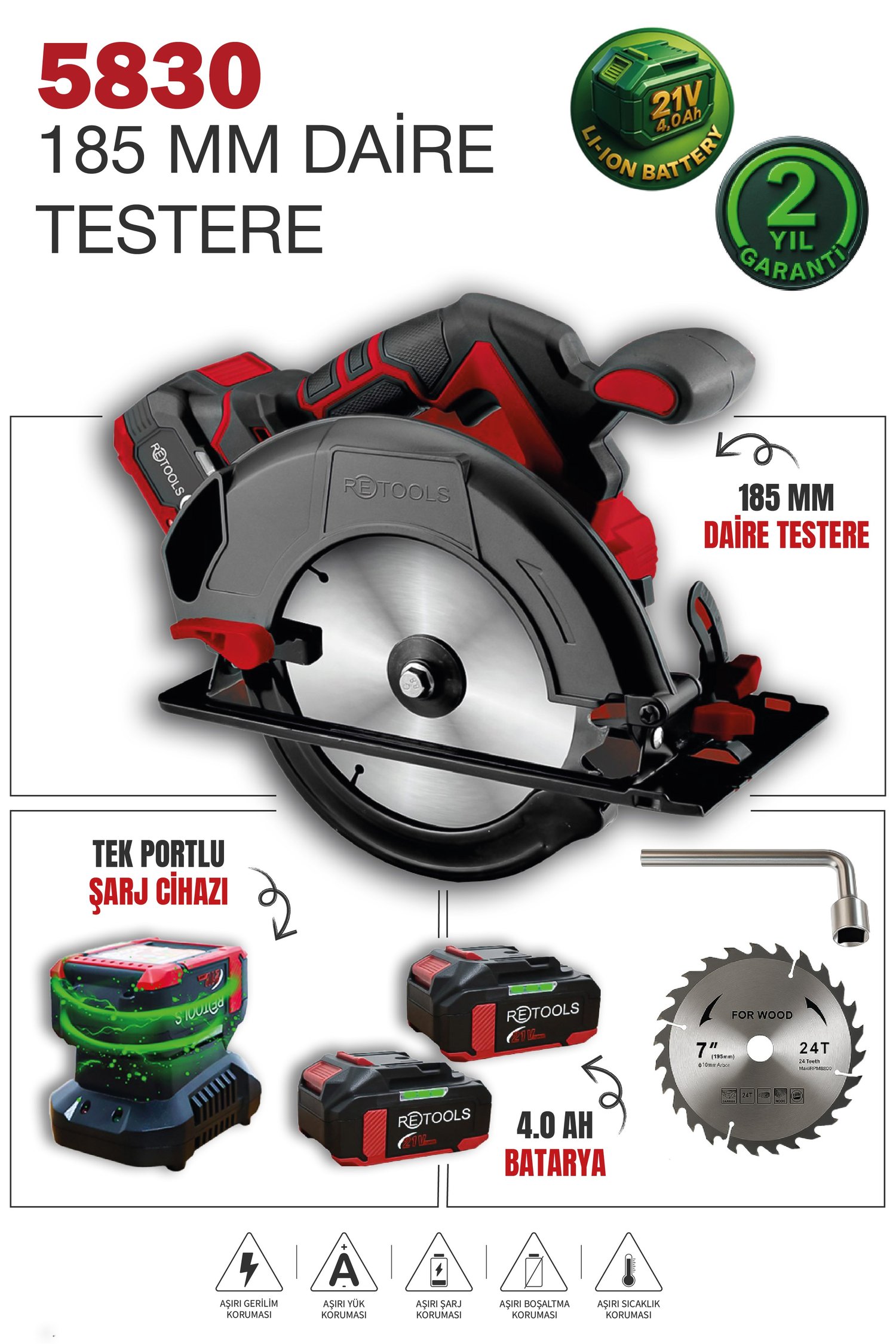 RETOOLS 5830 BORDO 185 MM ŞARJLI DAİRE TESTERE