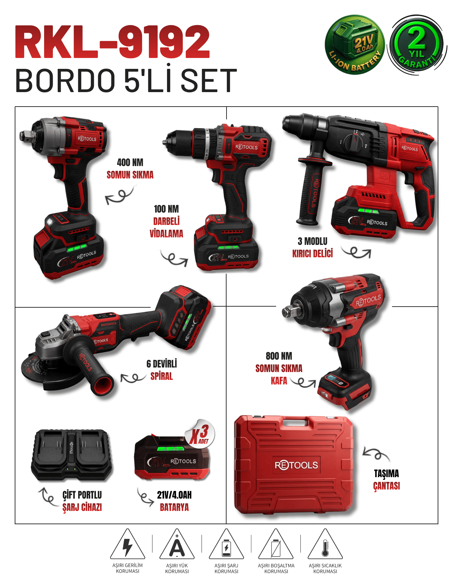 RETOOLS 5'Lİ SET (4'LÜ SET(100 NM) + 800 NM BORDO KAFA)