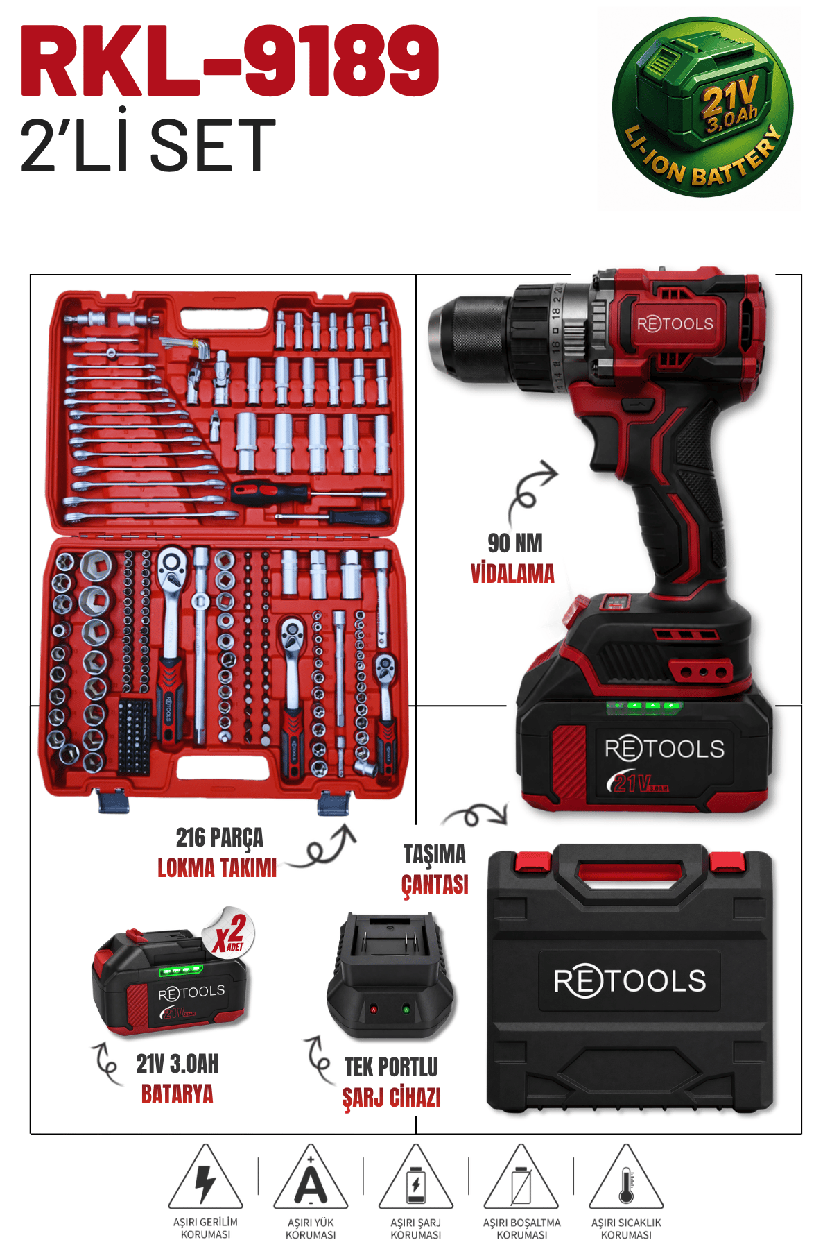 RETOOLS BORDO 2'Lİ SET (90 NM VİDALAMA + 216 PARÇA LOKMA TAKIMI)