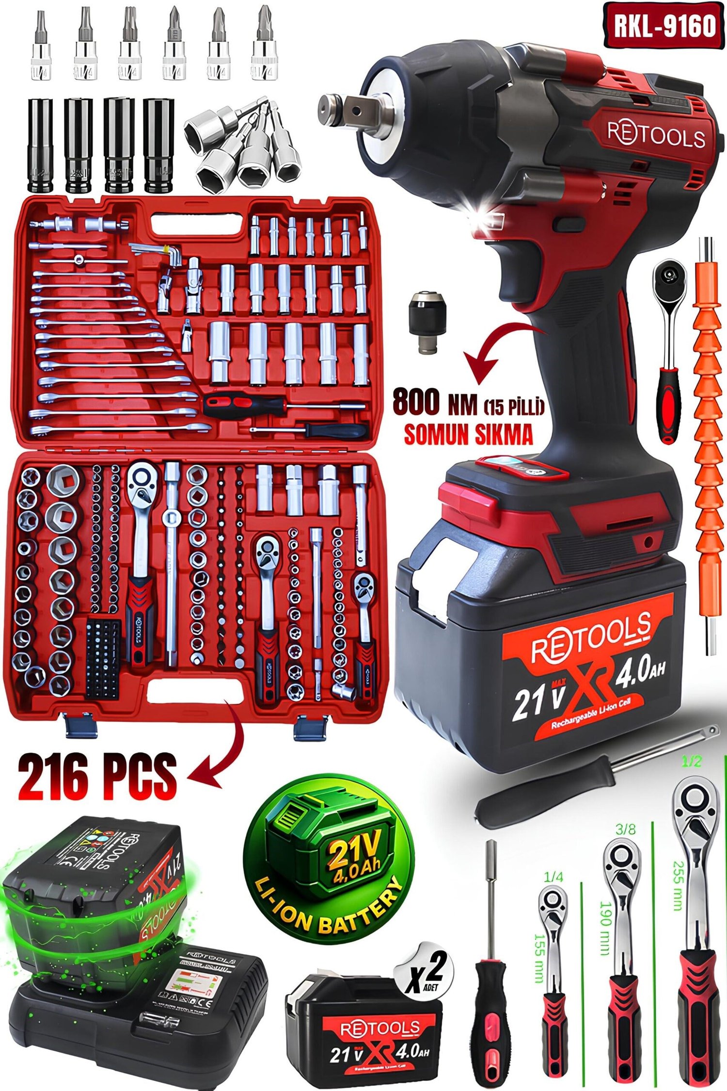 RETOOLS BORDO 2'Lİ SET (BORDO 800 NM TORKLU (15 PİLLİ) - BORDO 216 PARÇA LOKMA TAKIMI)