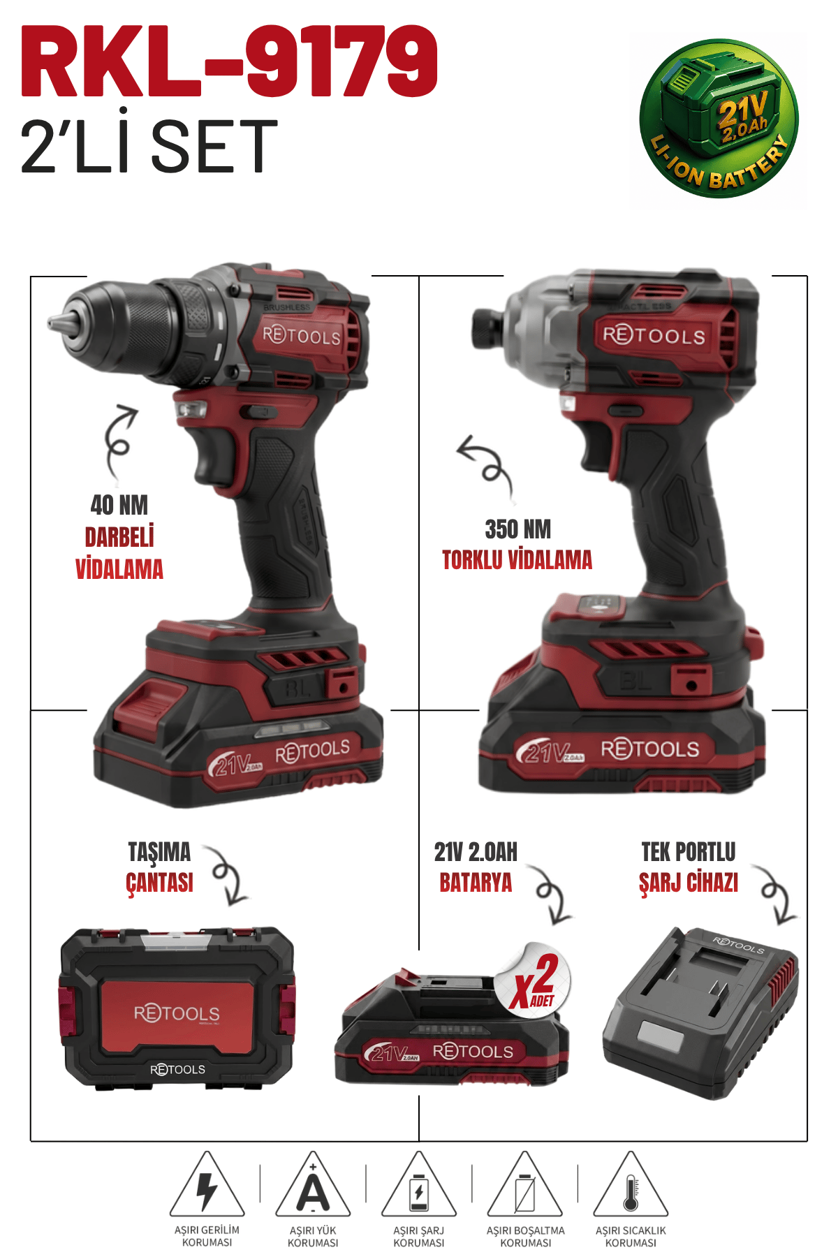 RETOOLS BORDO 2'Lİ SET(ŞARJLI TORKLU VİDALAMA-ŞARJLI MATKAP)