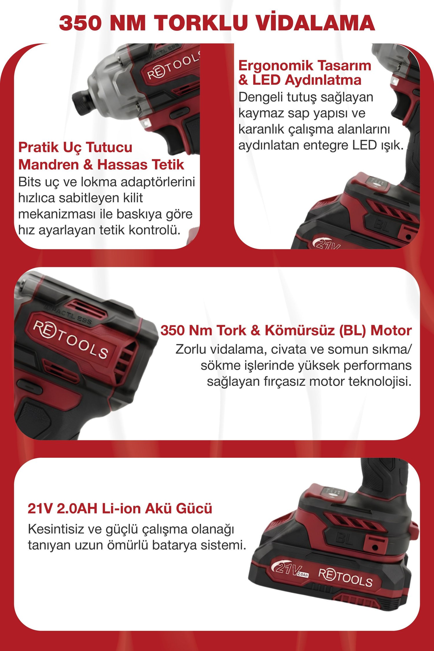 RETOOLS BORDO 2'Lİ SET(ŞARJLI TORKLU VİDALAMA-ŞARJLI MATKAP)
