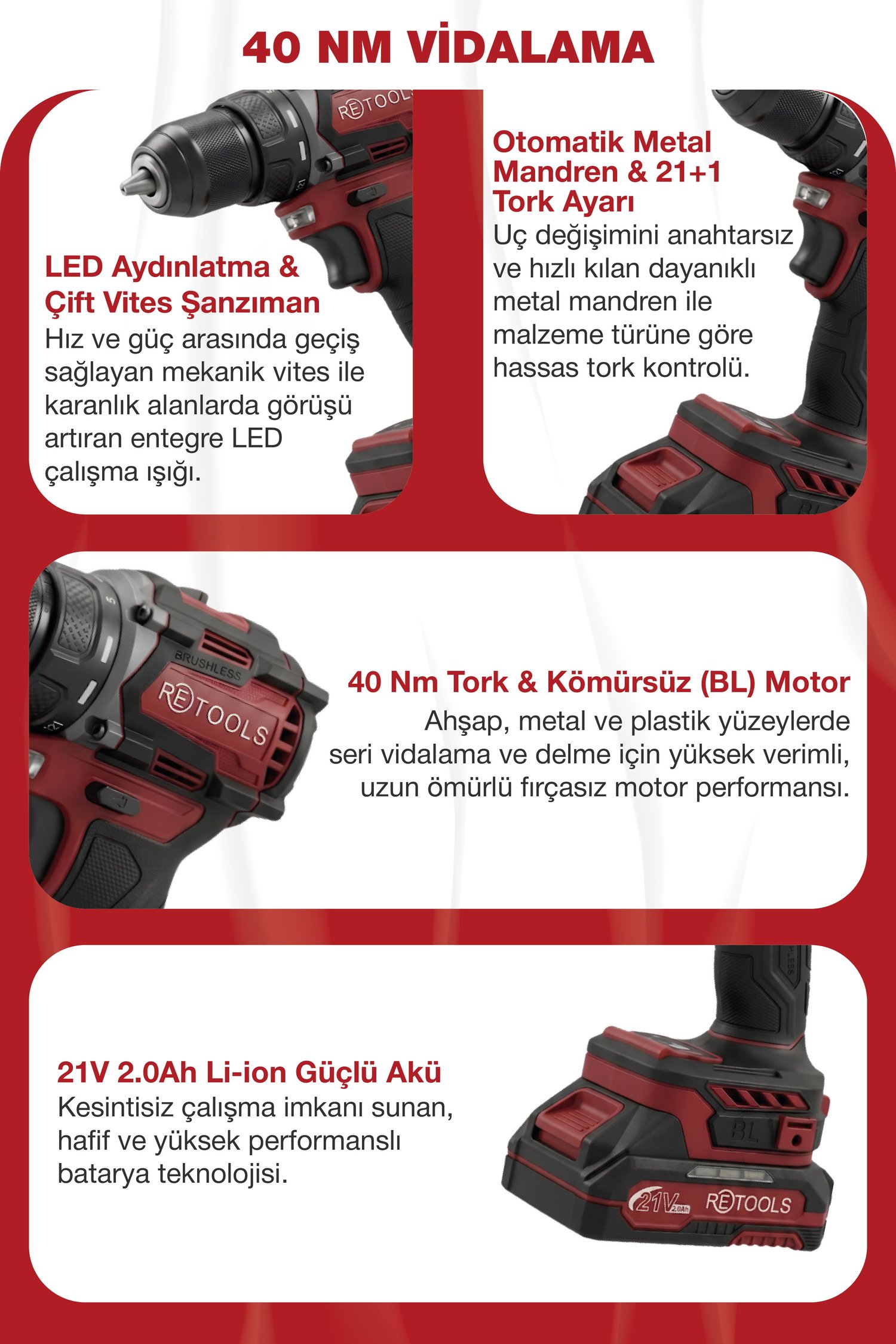 RETOOLS BORDO 2'Lİ SET(ŞARJLI TORKLU VİDALAMA-ŞARJLI MATKAP)