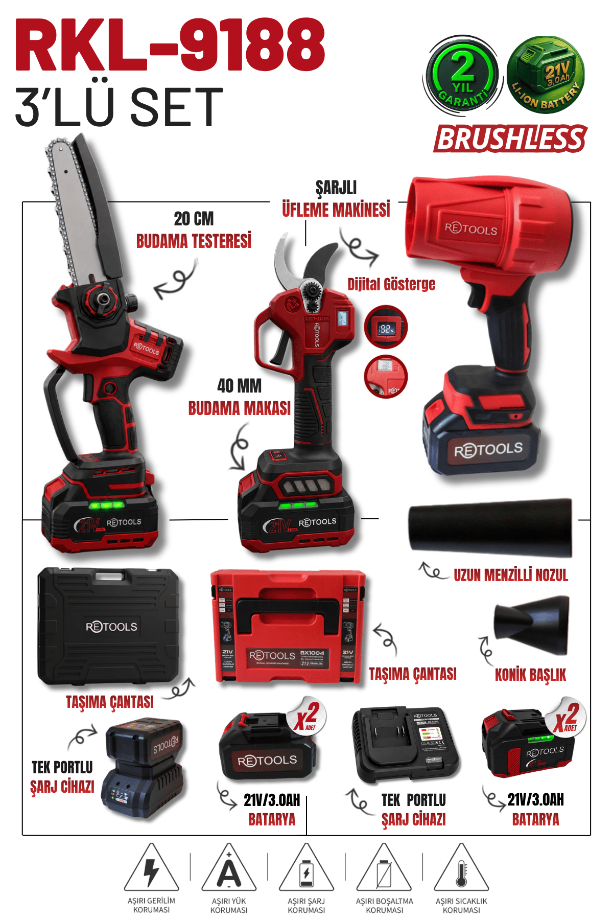 Retools bordo 3'lü set (makas - dijital testere - hava üfleme)