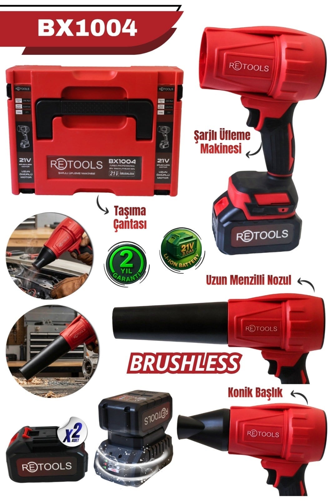 Retools BX1004 21V Brushless Şarjlı Hava Üfleme Makinesi – Çift Akülü Profesyonel Set