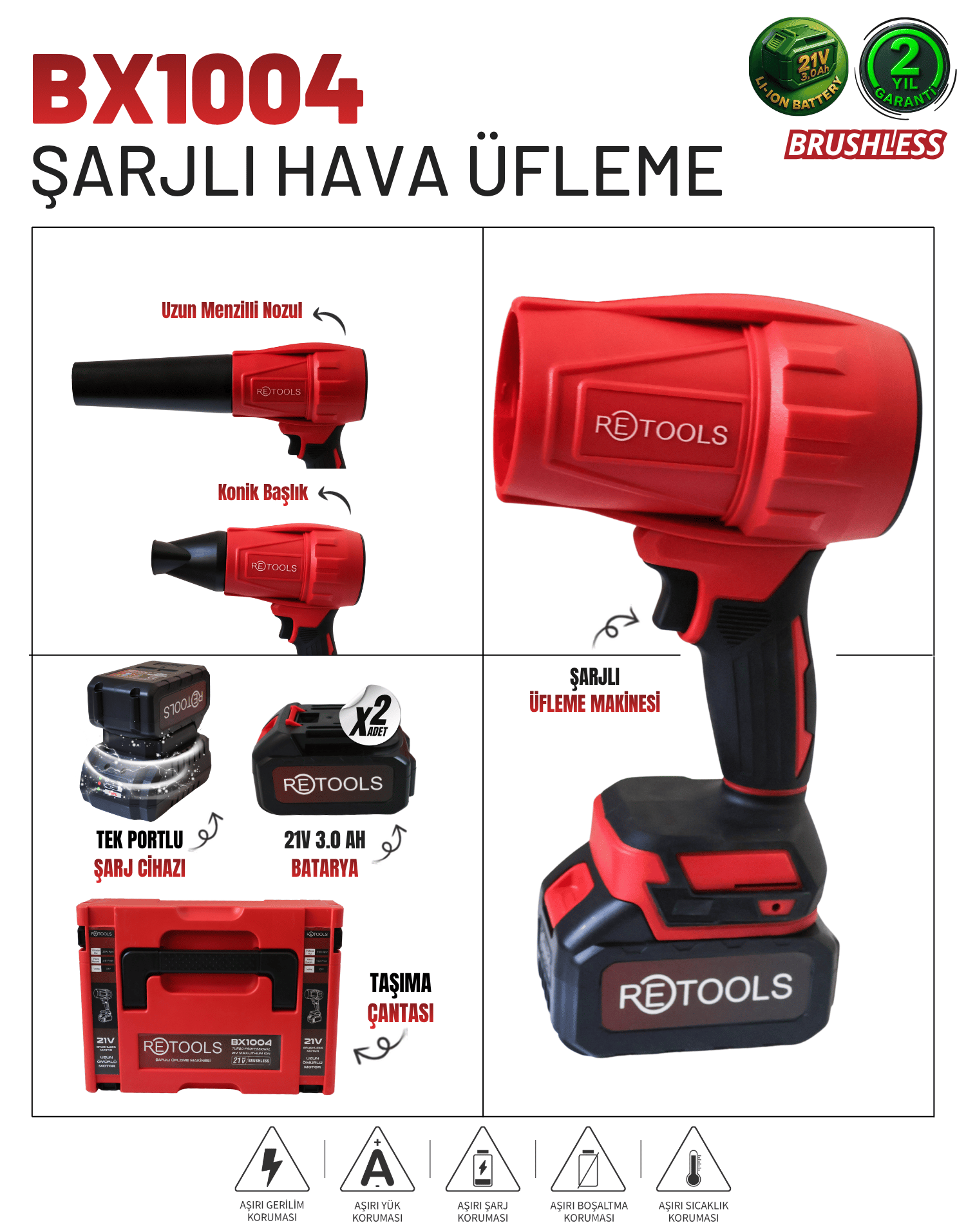 Retools BX1004 21V Brushless Şarjlı Hava Üfleme Makinesi – Çift Akülü Profesyonel Set