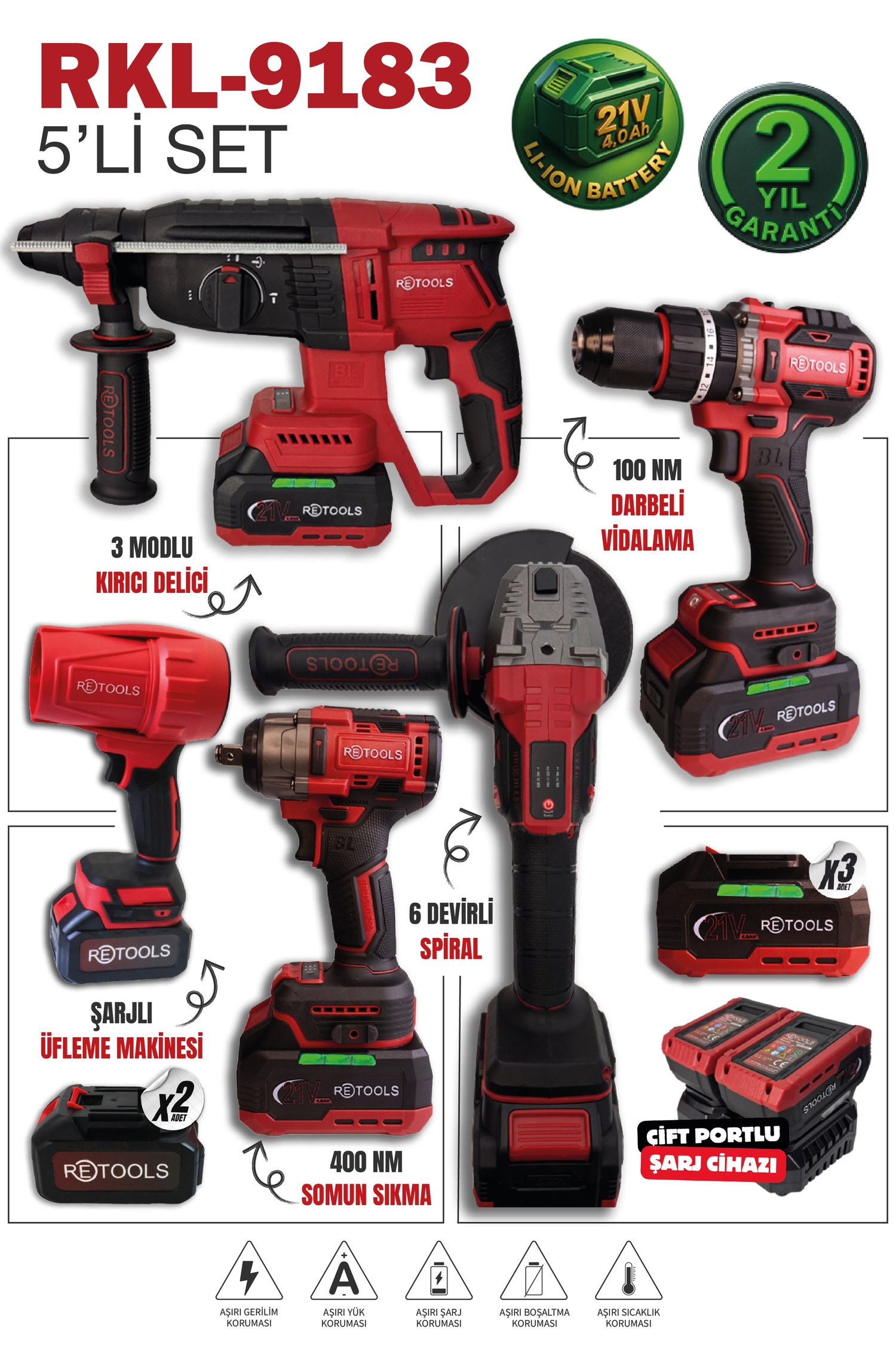 Retools RKL-9183 21V Profesyonel 5'li Set - Hava Üflemeli