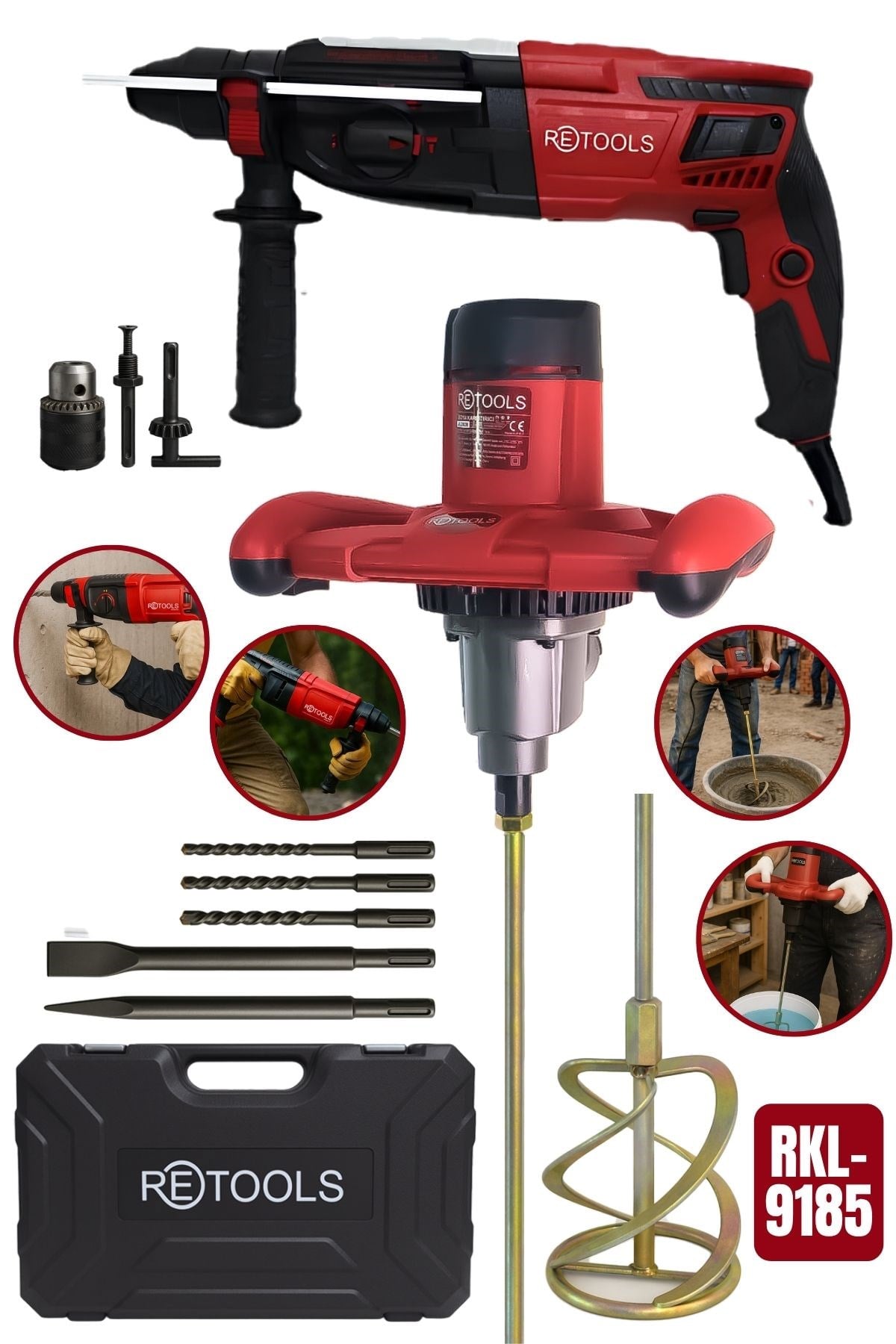 Retools RKL-9185 Profesyonel Set: 2.28 J Kırıcı Delici Matkap & 1600W Boya ve Harç Karıştırıcı Mikser