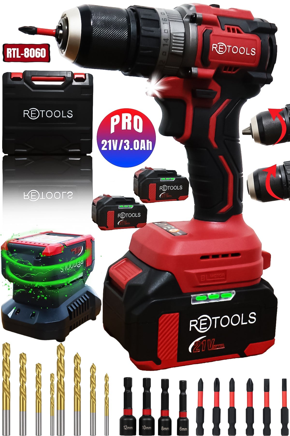RETOOLS RTL8060 21V 3.0Ah Profesyonel Şarjlı Darbeli Vidalama Makinesi
