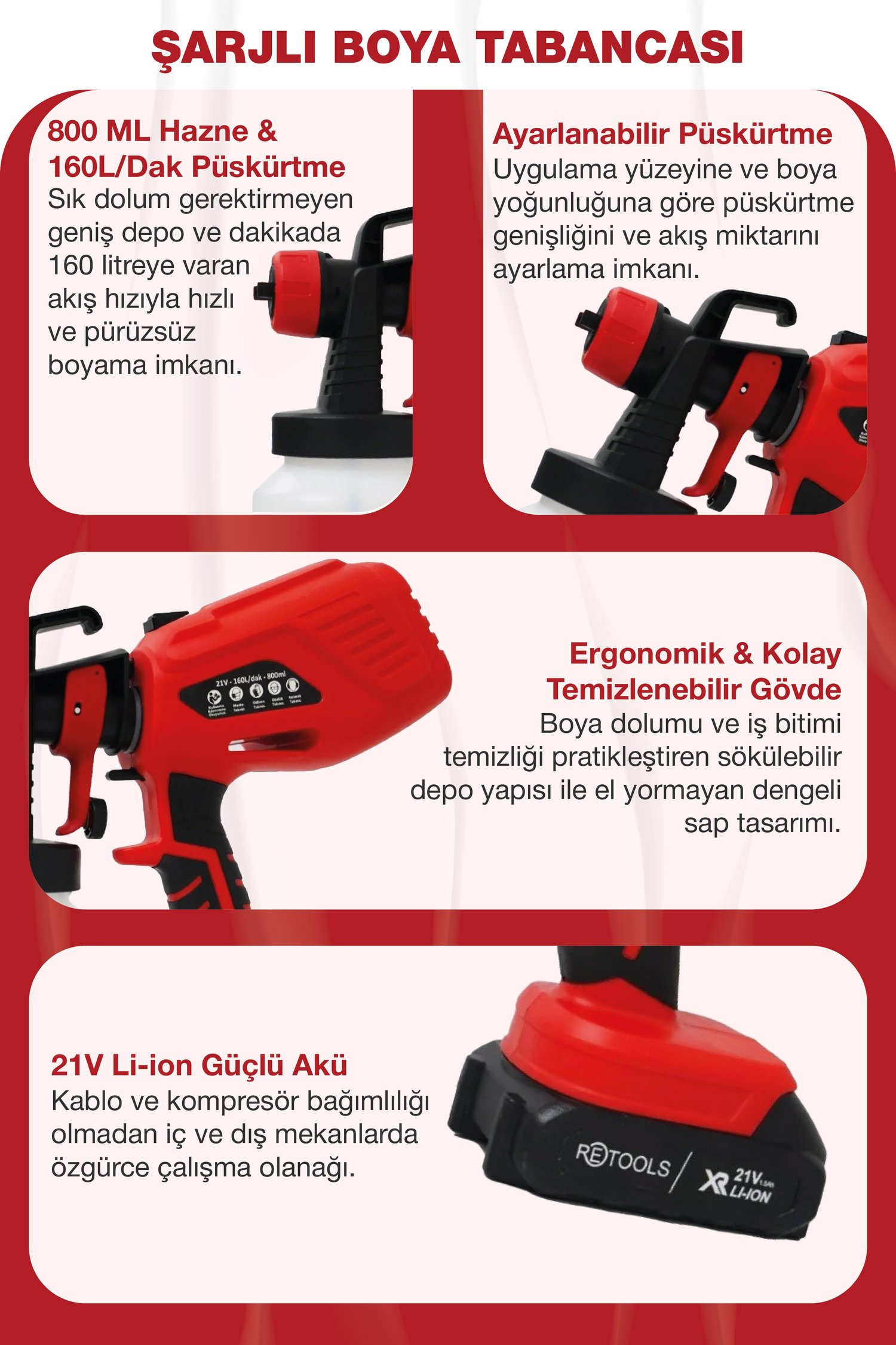 Retools Şarjlı Boya Tabancası Kırmızı