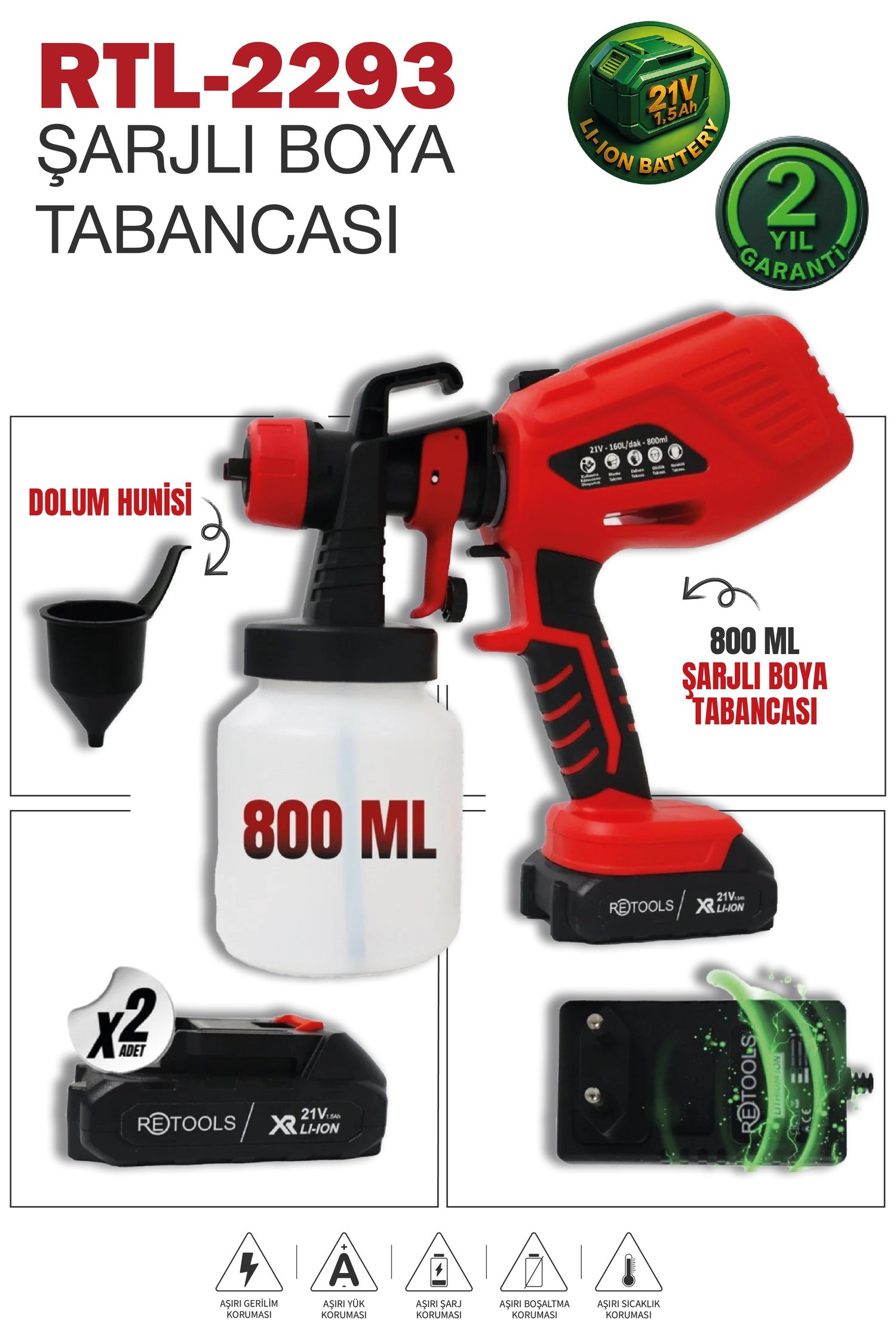 Retools Şarjlı Boya Tabancası Kırmızı