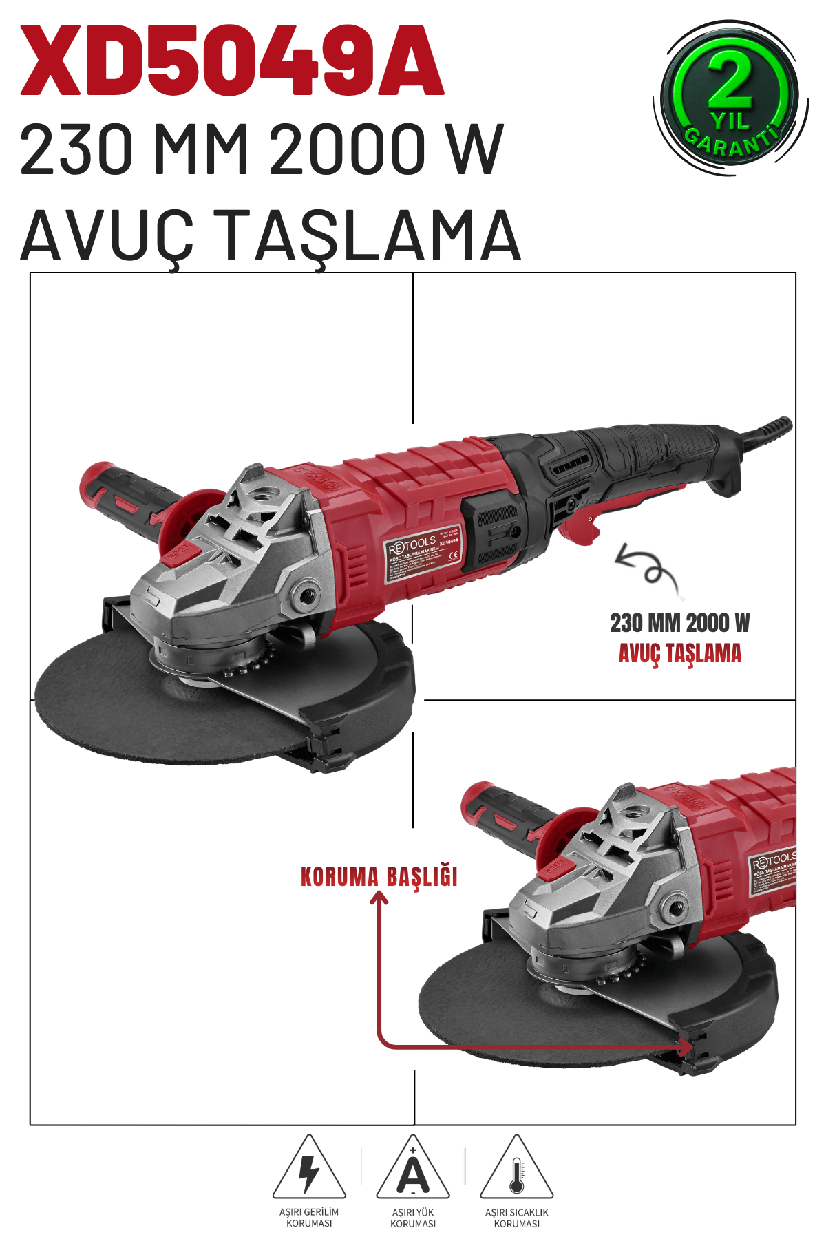 RETOOLS XD5049A 230 MM 2000 W AVUÇ TAŞLAMA (TAŞ MOTORU)