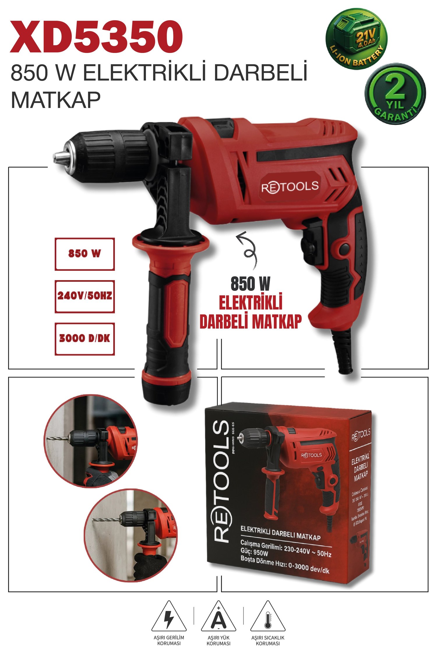 RETOOLS XD5350 850W Elektrikli Darbeli Matkap