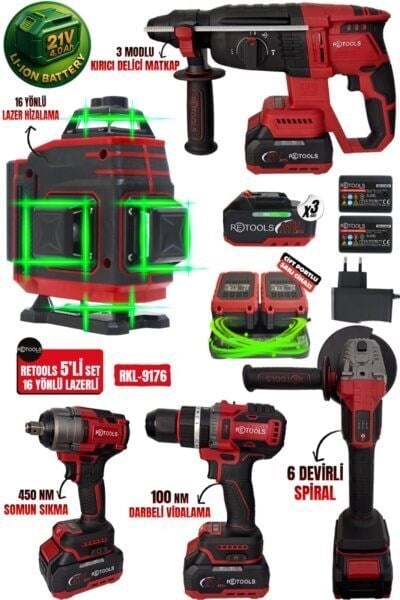 RKL-9176 RETOOLS 5'Lİ SET BORDO (4'LÜ SET (100 NM) + 16 YÖNLÜ BORDO LAZER)
