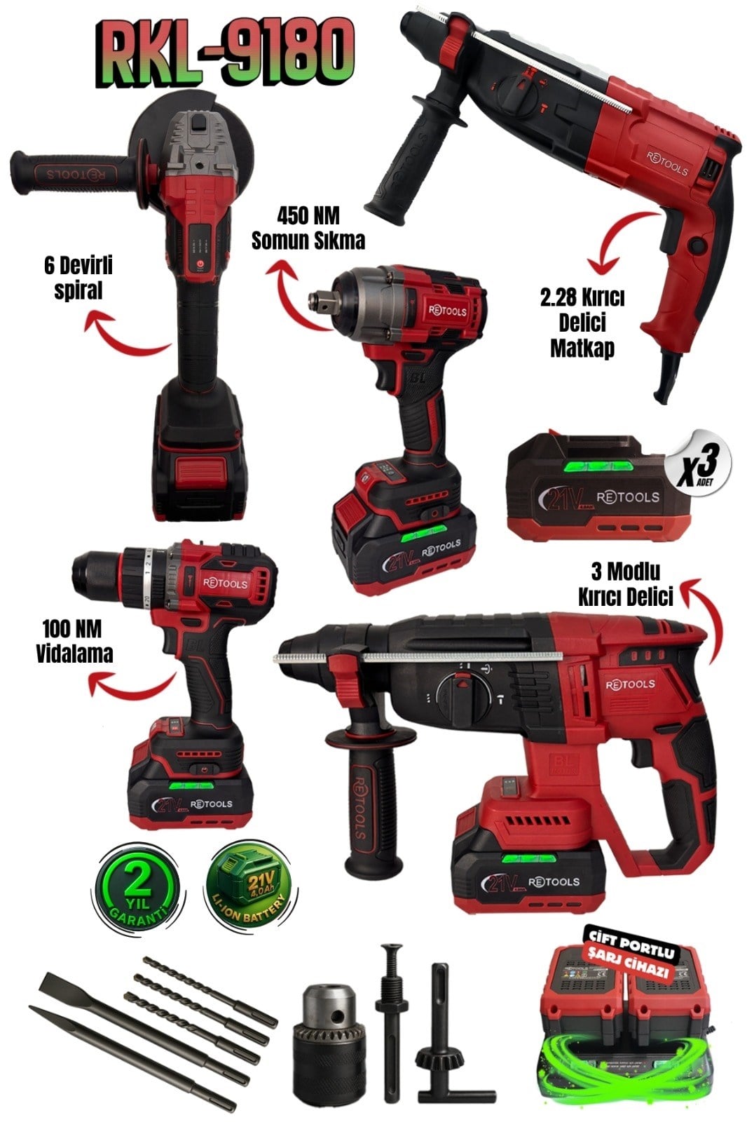 RKL-9180 RETOOLS BORDO 5 'Lİ SET (4'LÜ SET 100 NM (YENİ SERİ) + 2.28 PRO HİLTİ)