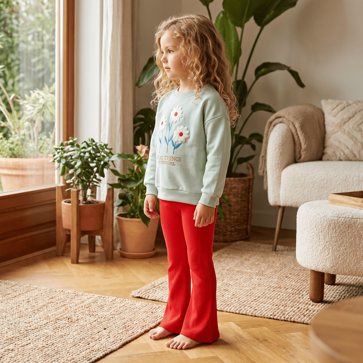 Çiçekli Kız Çocuk Sweatshirt Pantolon Takım