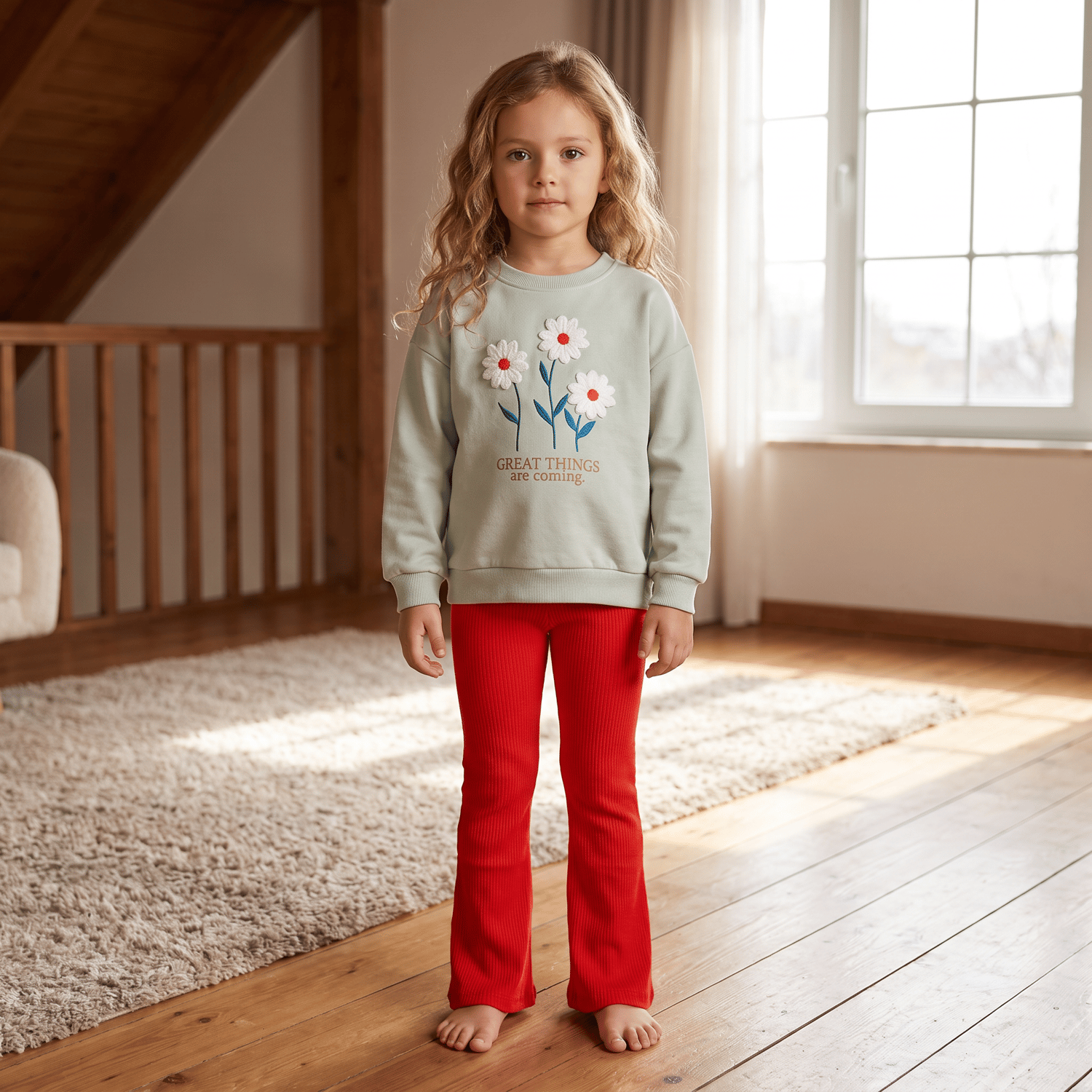 Çiçekli Kız Çocuk Sweatshirt Pantolon Takım