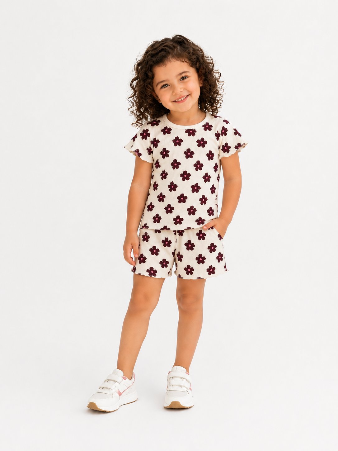 PONKİ ÇİÇEK DESENLİ PAMUKLU  FİTİLLİ T-SHIRT TAKIM