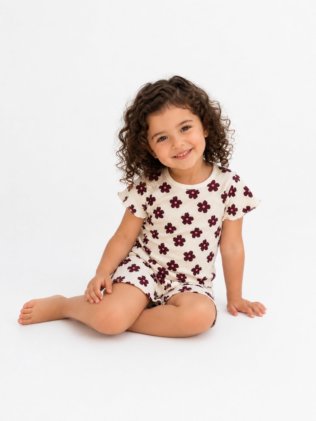 PONKİ ÇİÇEK DESENLİ PAMUKLU  FİTİLLİ T-SHIRT TAKIM