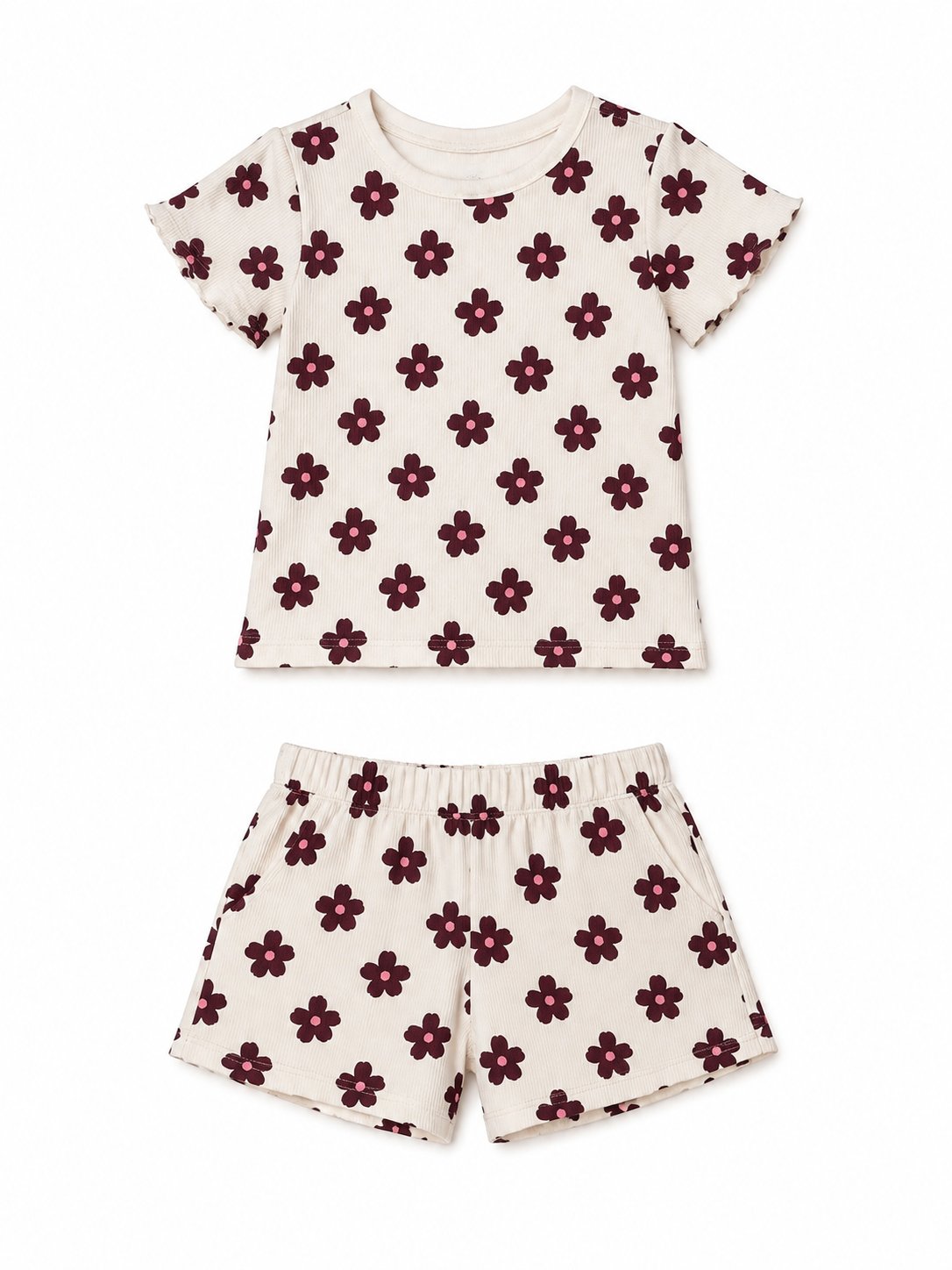PONKİ ÇİÇEK DESENLİ PAMUKLU  FİTİLLİ T-SHIRT TAKIM