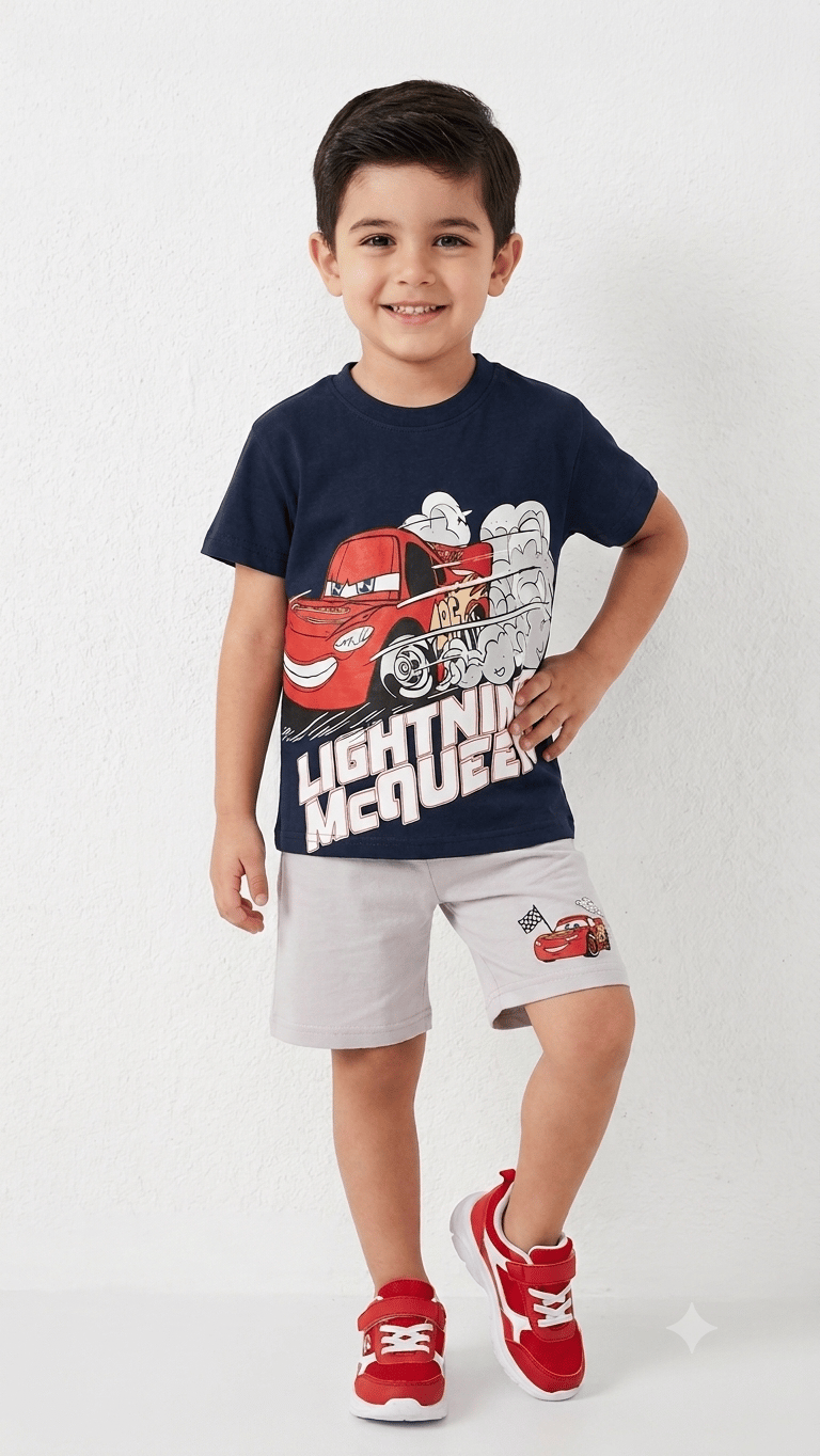 PONKİ ŞİMŞEK MCQUEEN DESENLİ LACİVERT T-SHİRT VE GRİ ŞORTLU TAKIM
