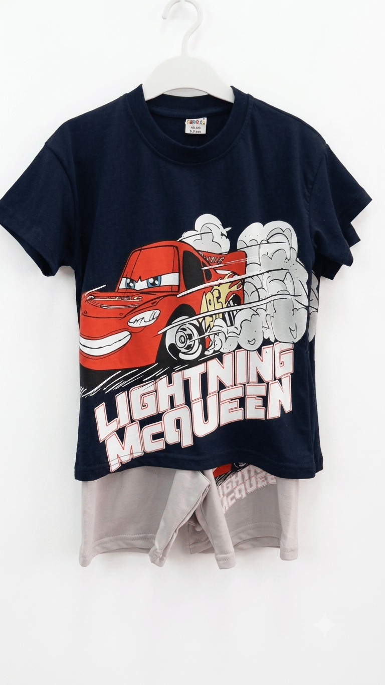 PONKİ ŞİMŞEK MCQUEEN DESENLİ LACİVERT T-SHİRT VE GRİ ŞORTLU TAKIM
