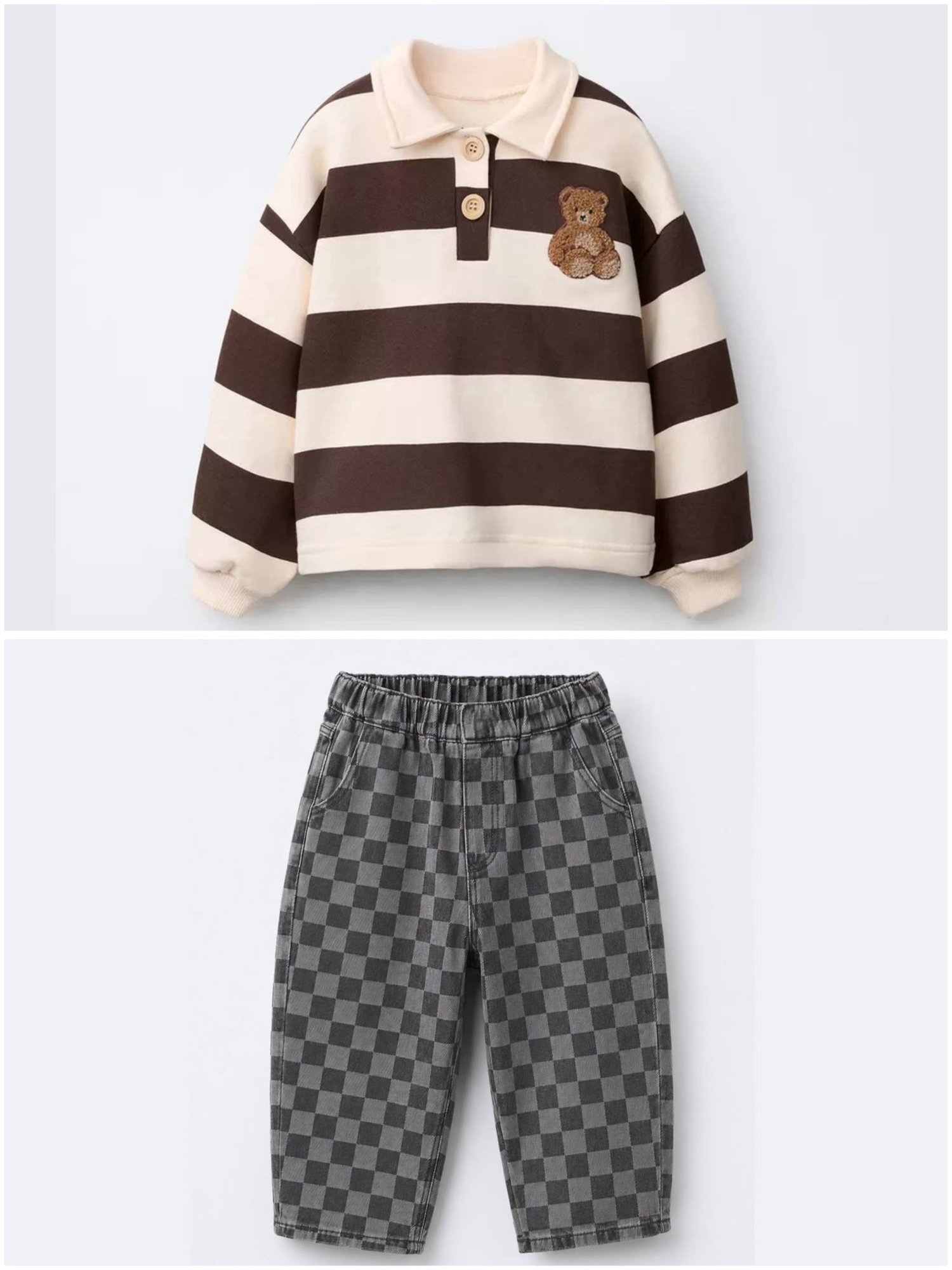 Unisex Çocuk Damalı Jean Pantolon ve Teddy Sweatshirt Kombini