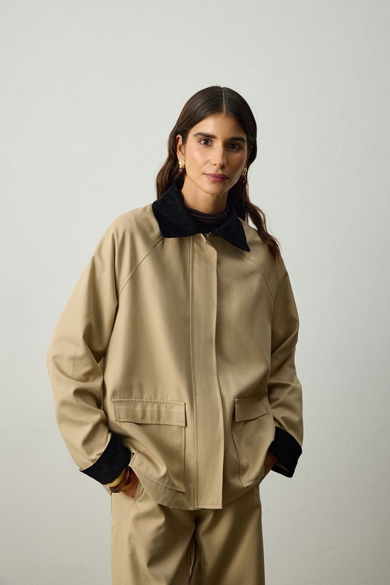 Terra - Kadife Detaylı Gabardin Ceket - Bej