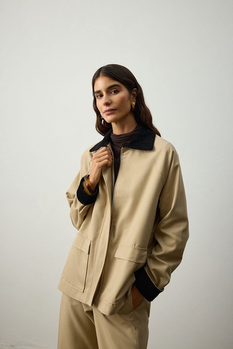 Terra - Kadife Detaylı Gabardin Ceket - Bej