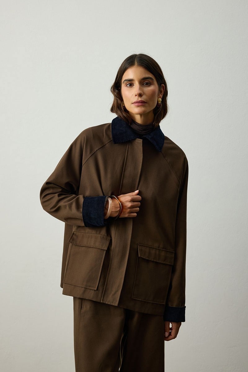 Terra - Kadife Detaylı Gabardin Ceket - Haki