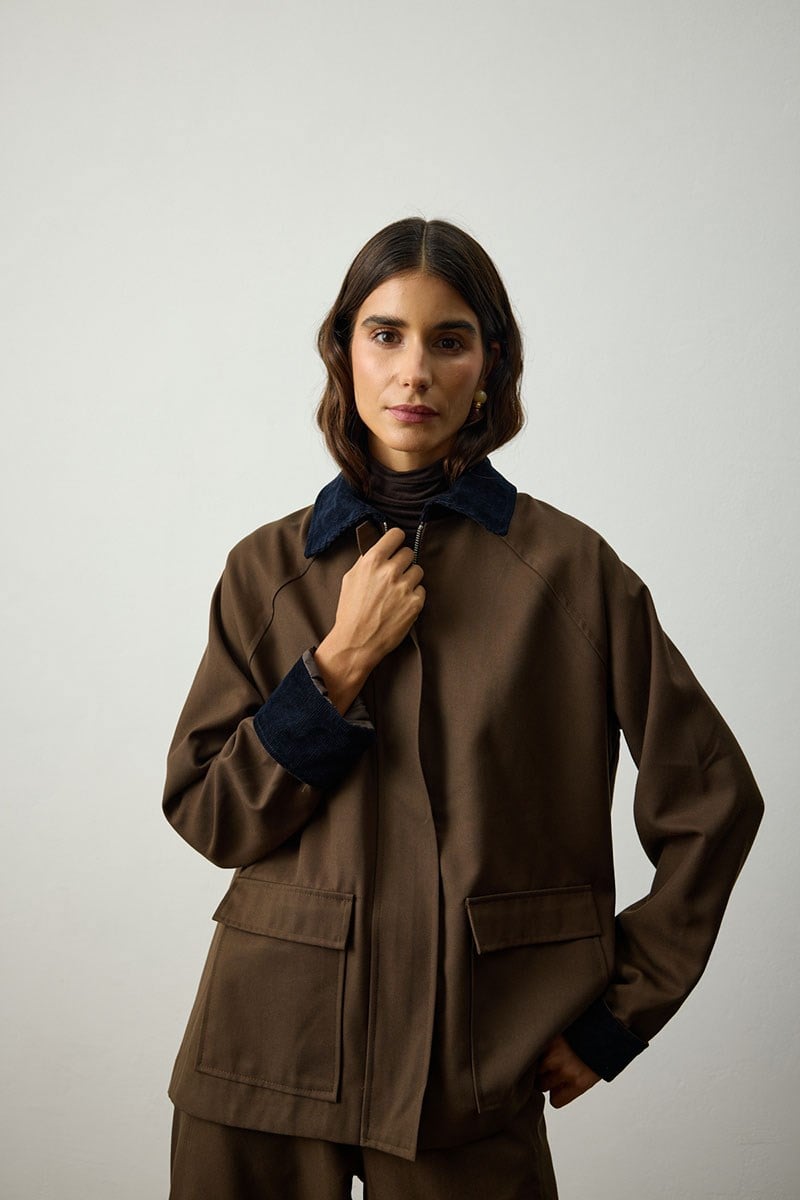 Terra - Kadife Detaylı Gabardin Ceket - Haki
