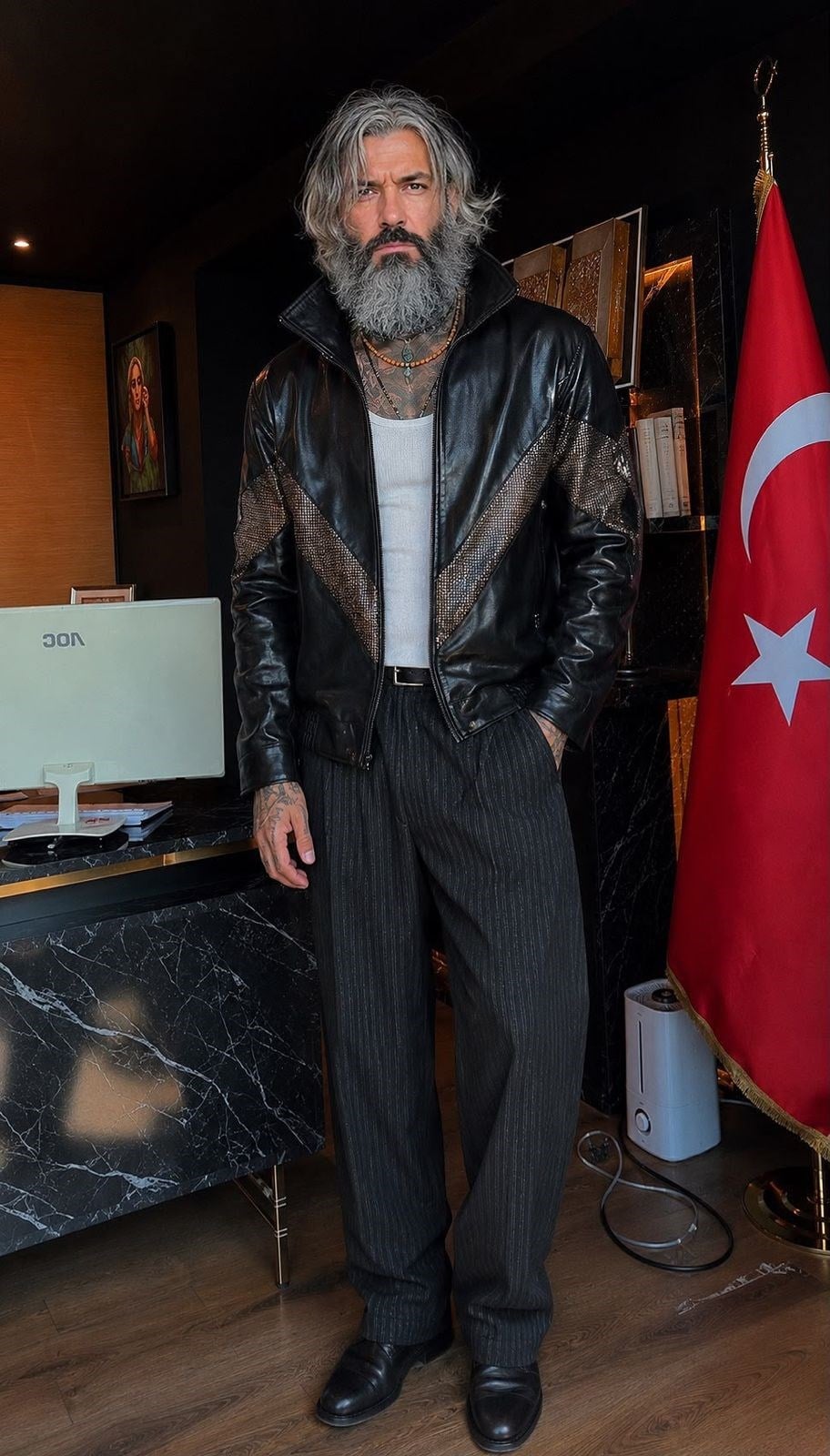 siyah DIY desenli deri ceket
