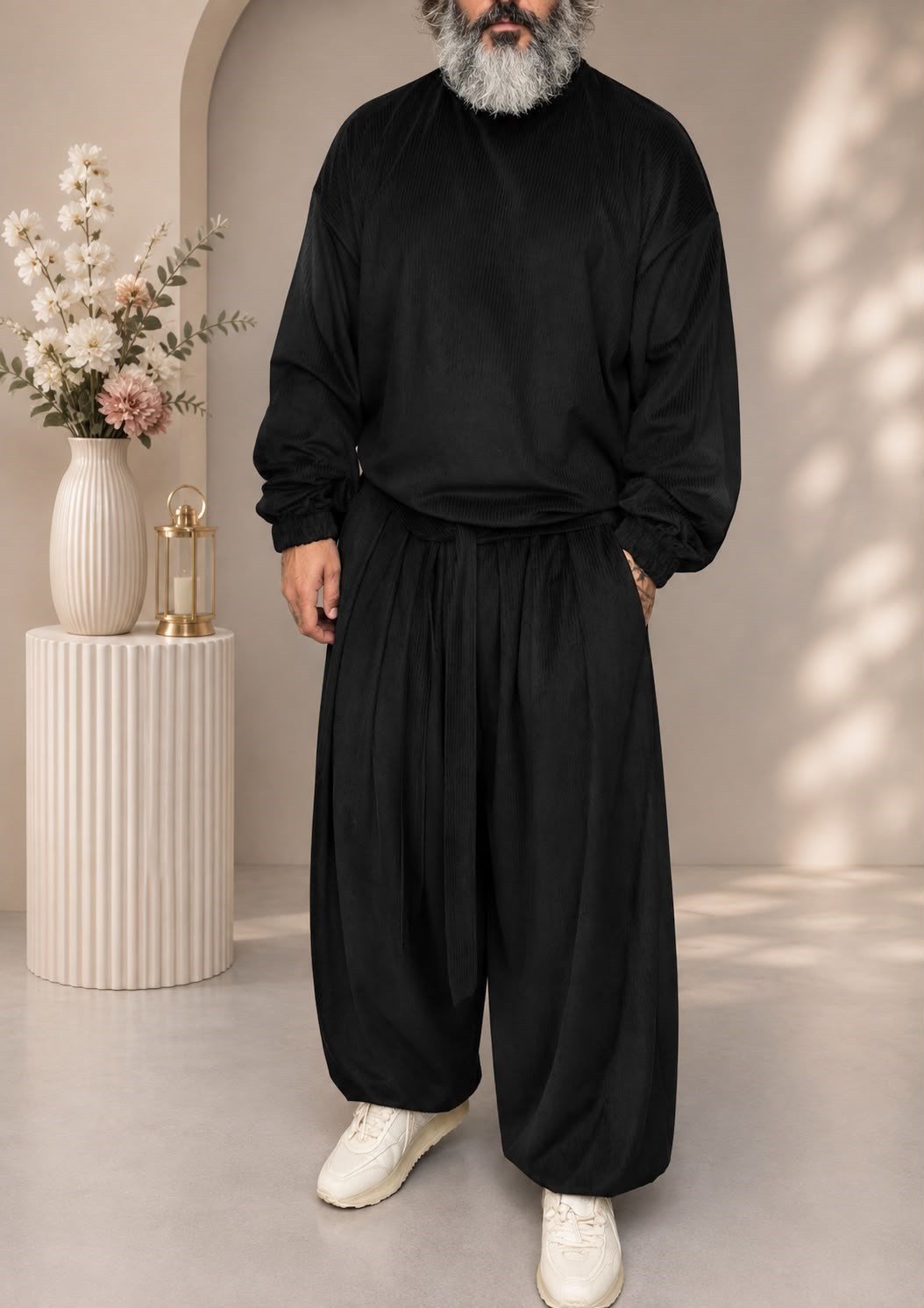 Siyah Kadife Fitilli Gömlek Kadife Fitilli Sweatshirt Kadife Kuşak Bolkesim Pantolon