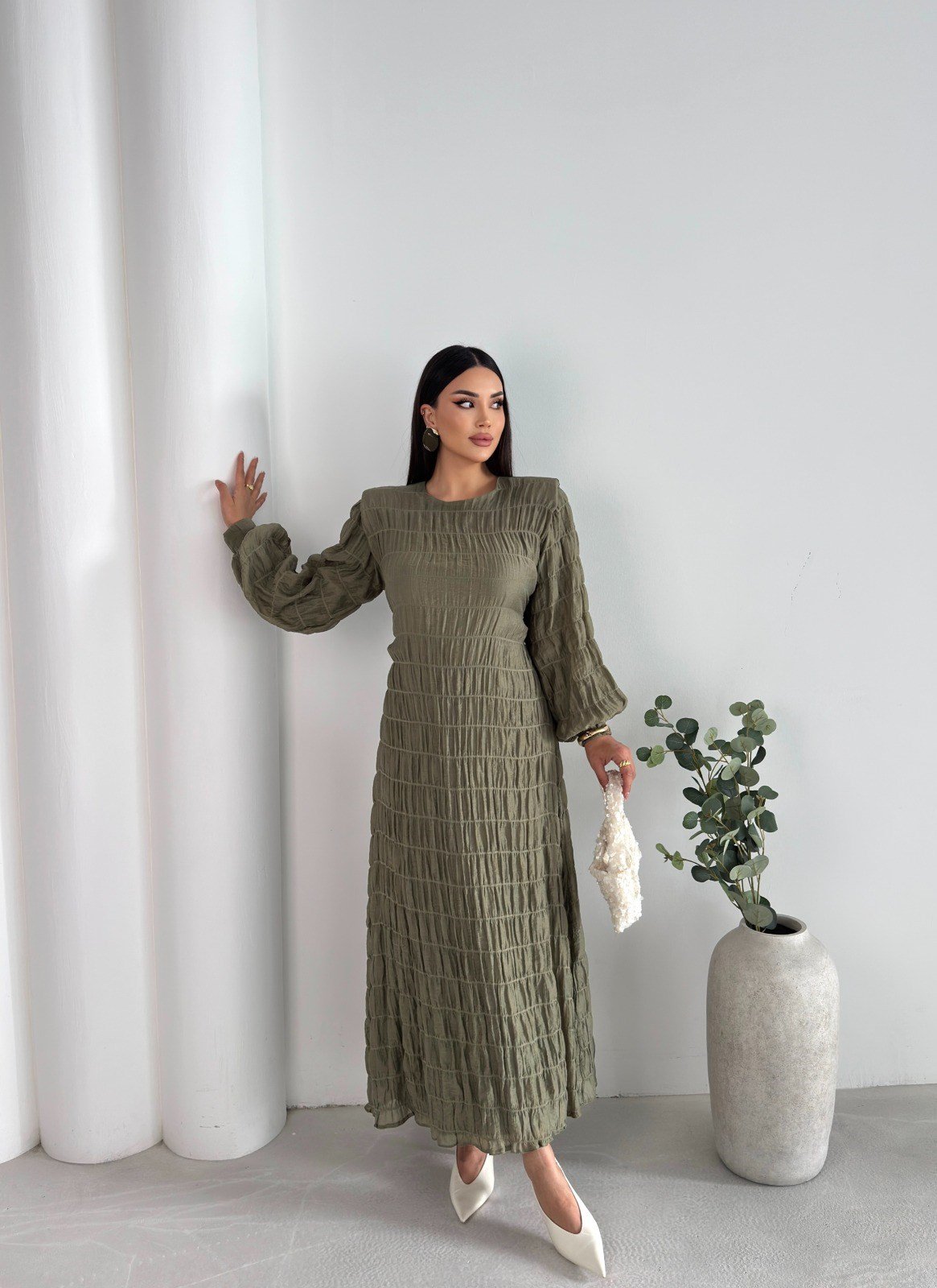 Bürümcük Uzun Balon Kol Detaylı Kadın Elbise  9057