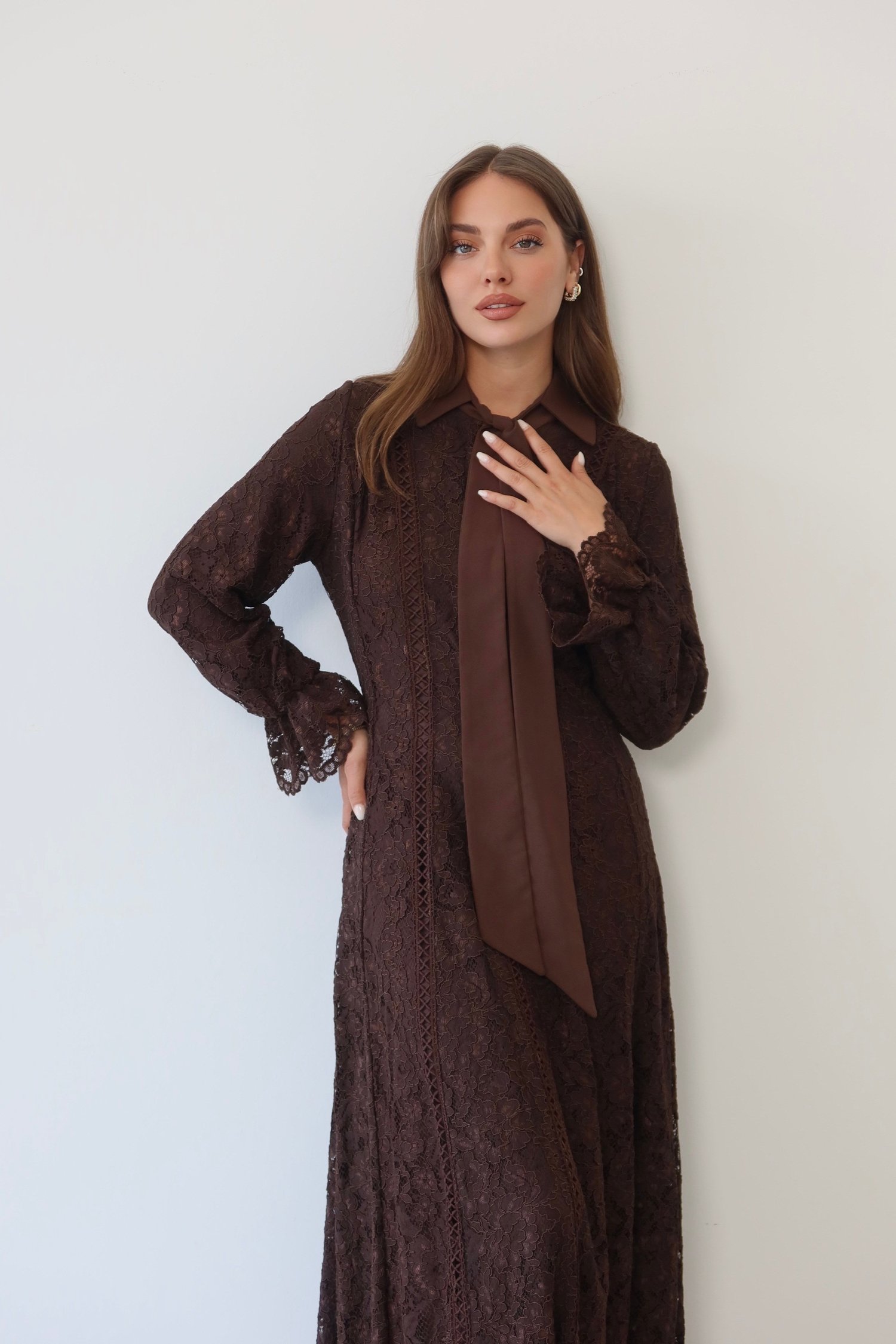 Dantel Detaylı Fiyonk Yaka Elbise  | 1824 