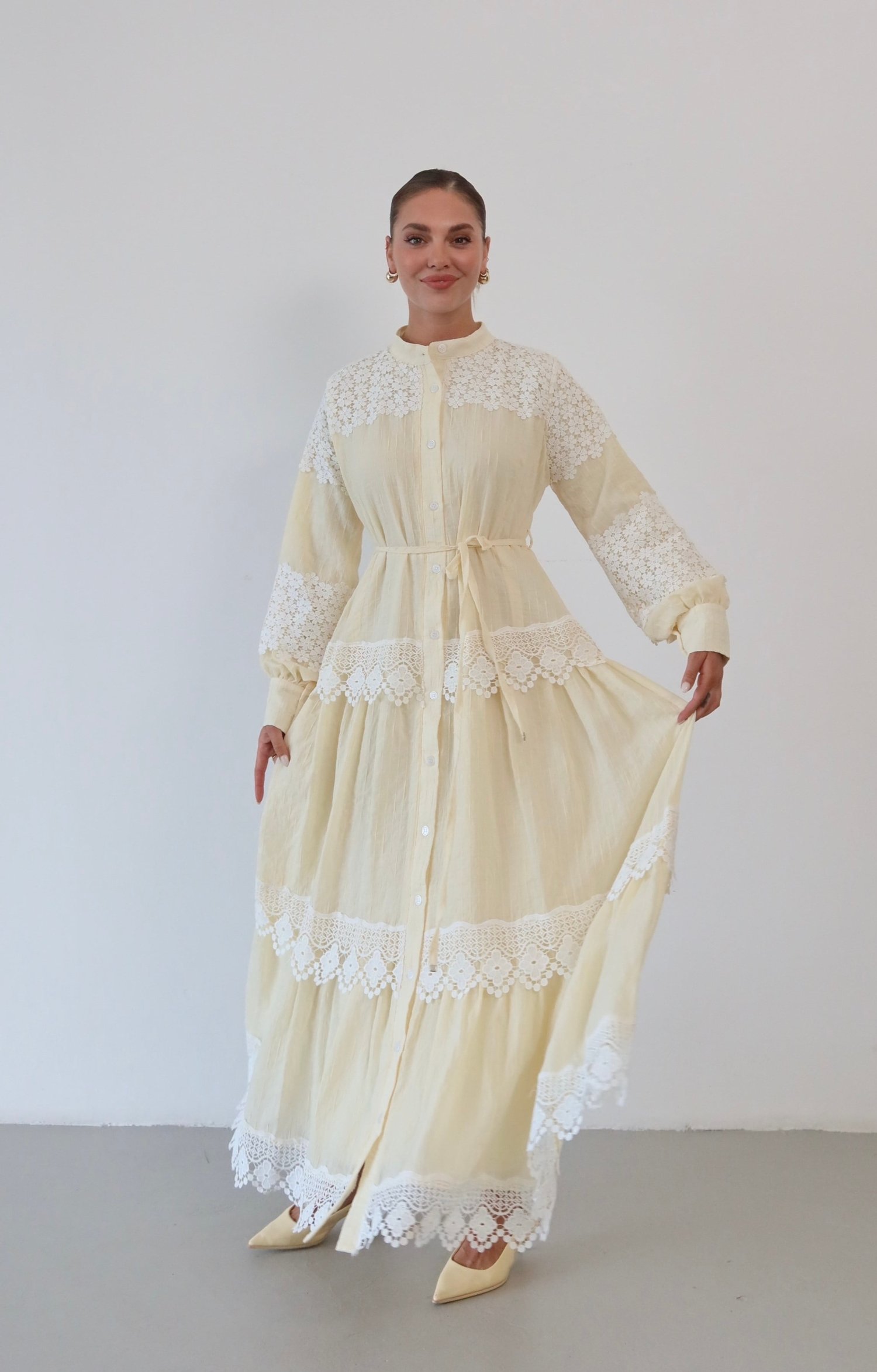 Dantel Detaylı Keten Elbise  1834