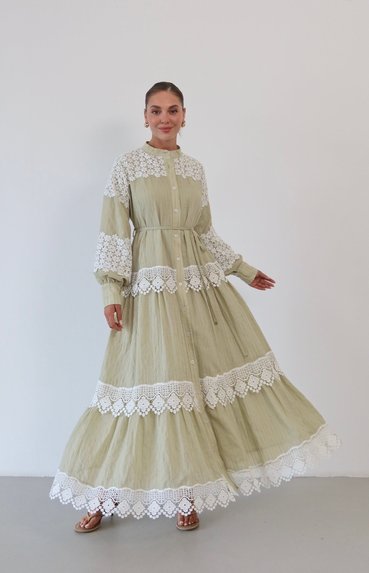 Dantel Detaylı Keten Elbise  1834