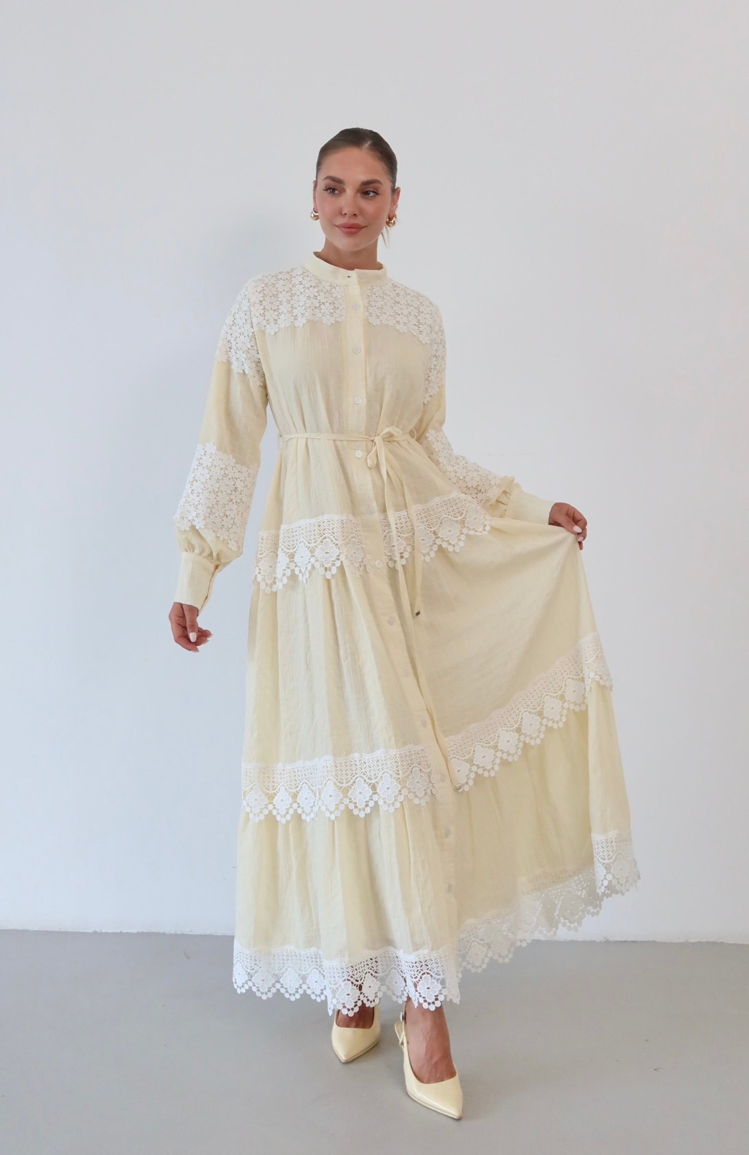 Dantel Detaylı Keten Elbise  1834