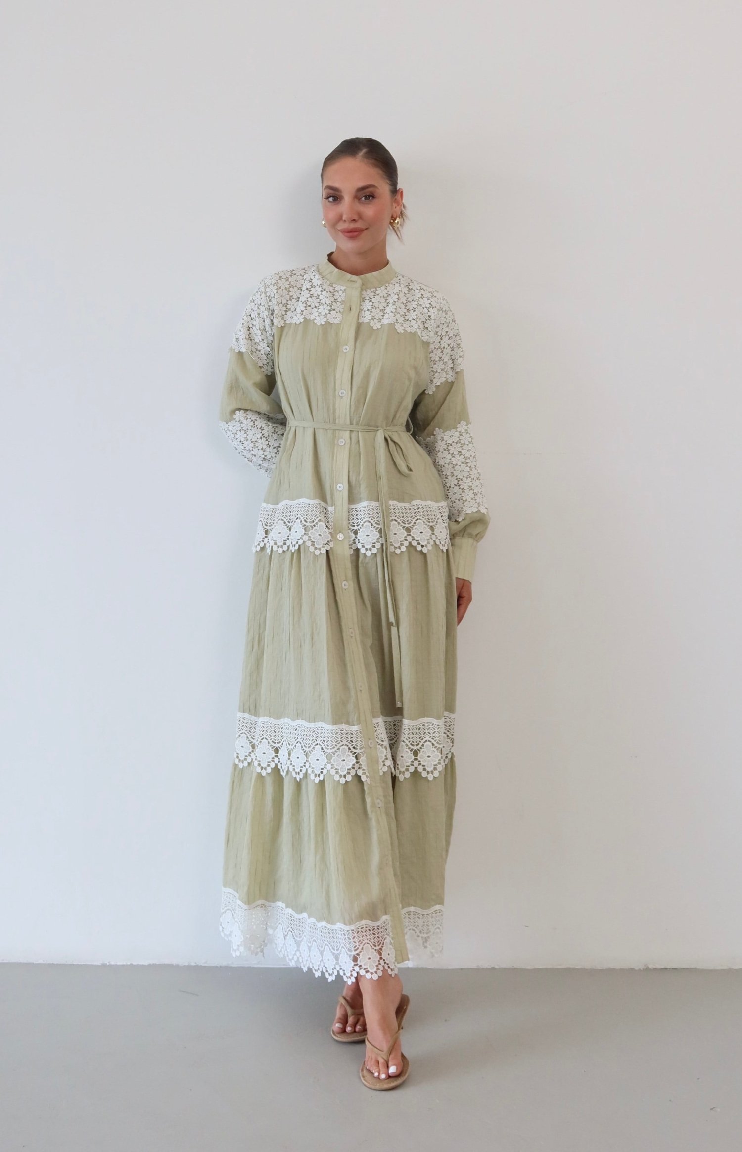 Dantel Detaylı Keten Elbise  1834