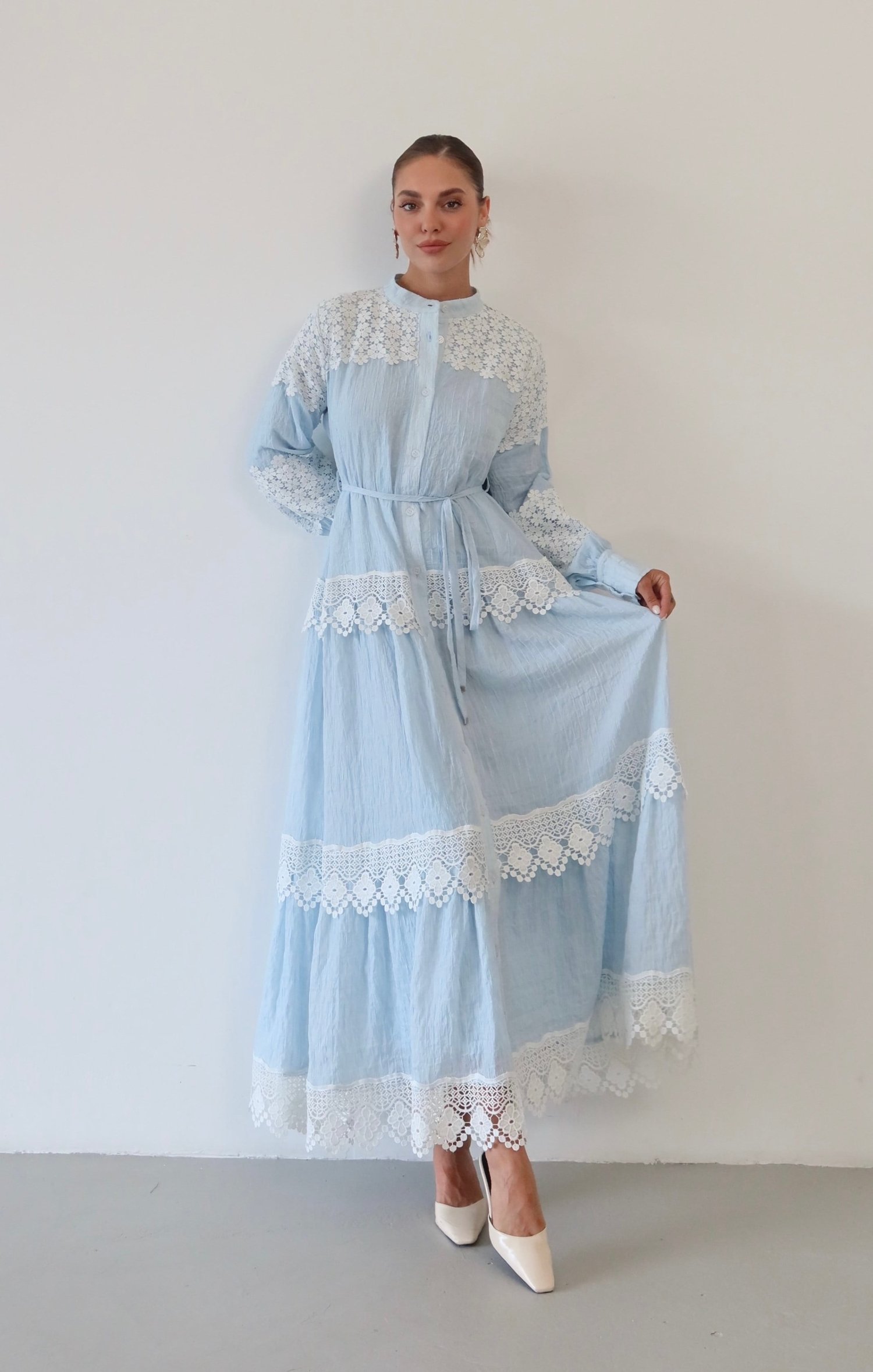 Dantel Detaylı Keten Elbise  1834