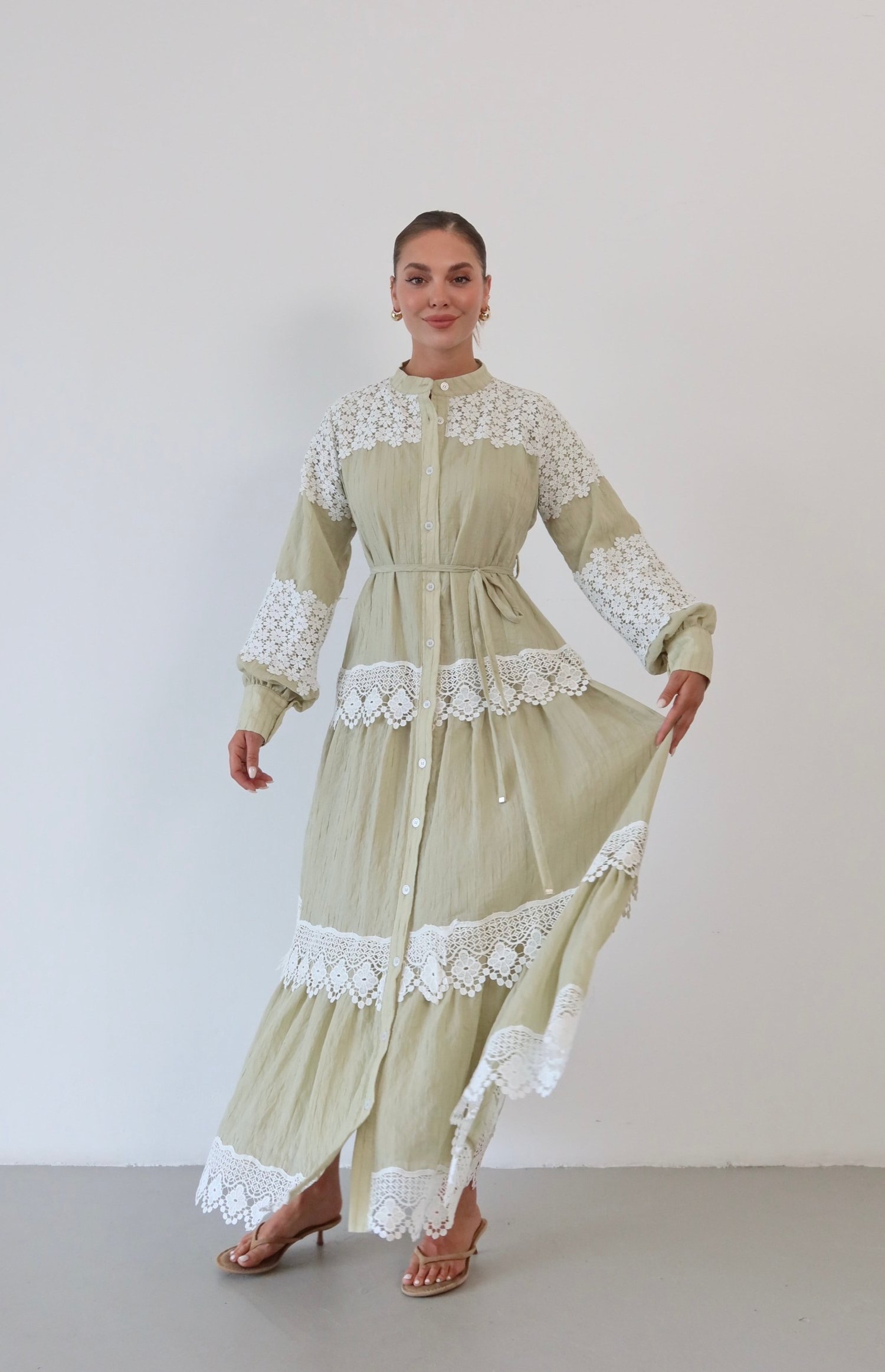 Dantel Detaylı Keten Elbise  1834
