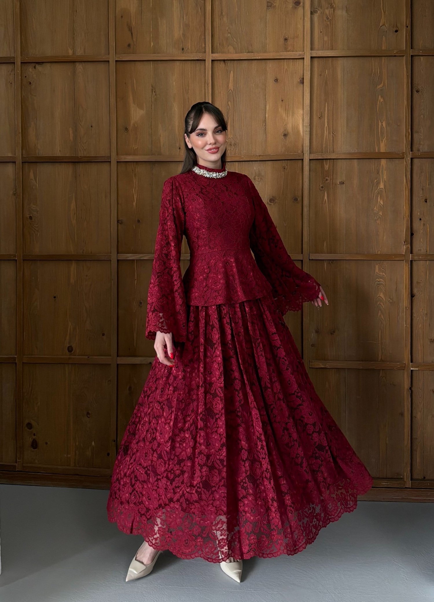 Dantel Detaylı Uzun Yaka Üst ve Etek Kadın Takım  1798