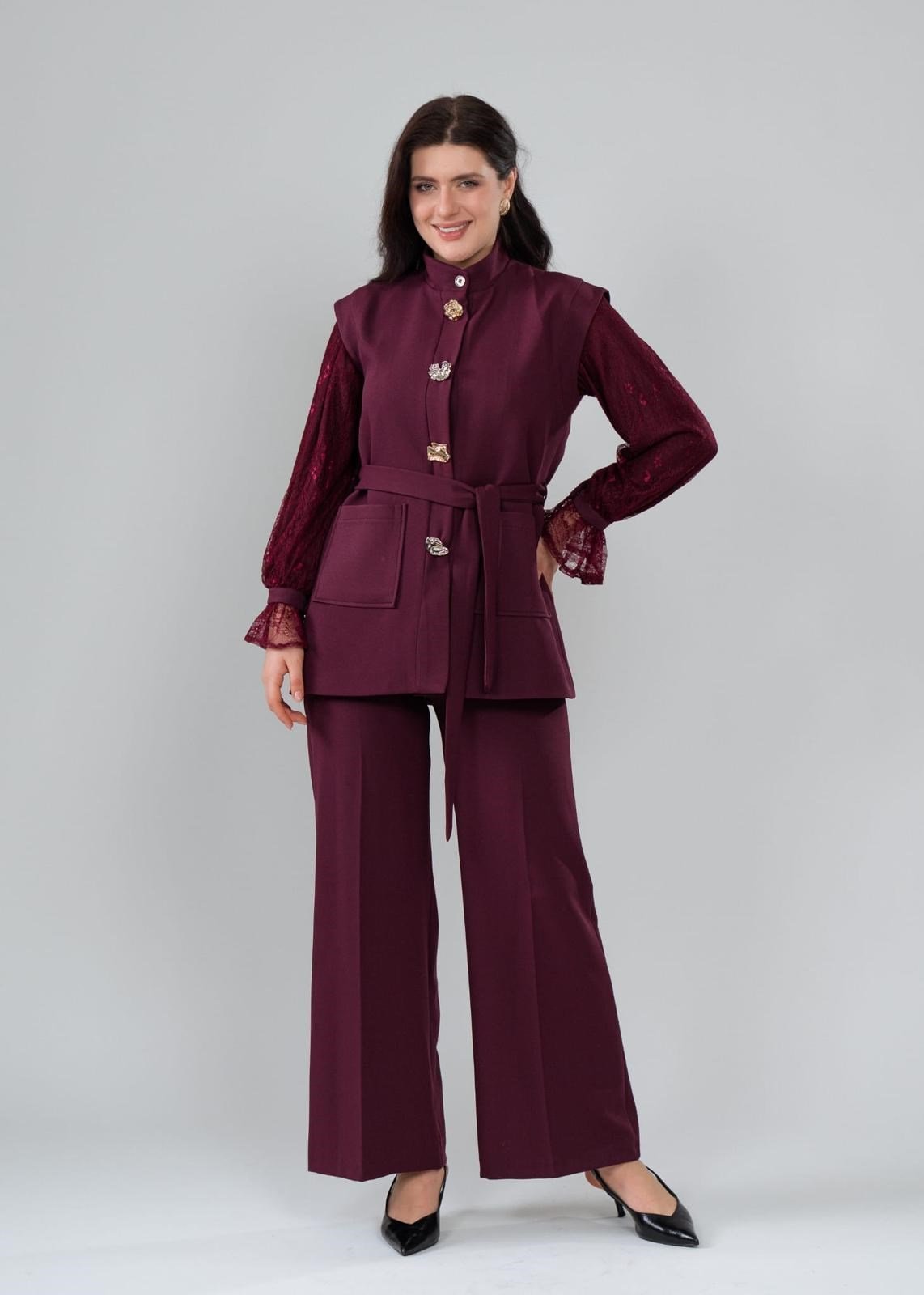 Dantel Kol Detaylı Yelekli Kuşaklı Kadın Takım  1776