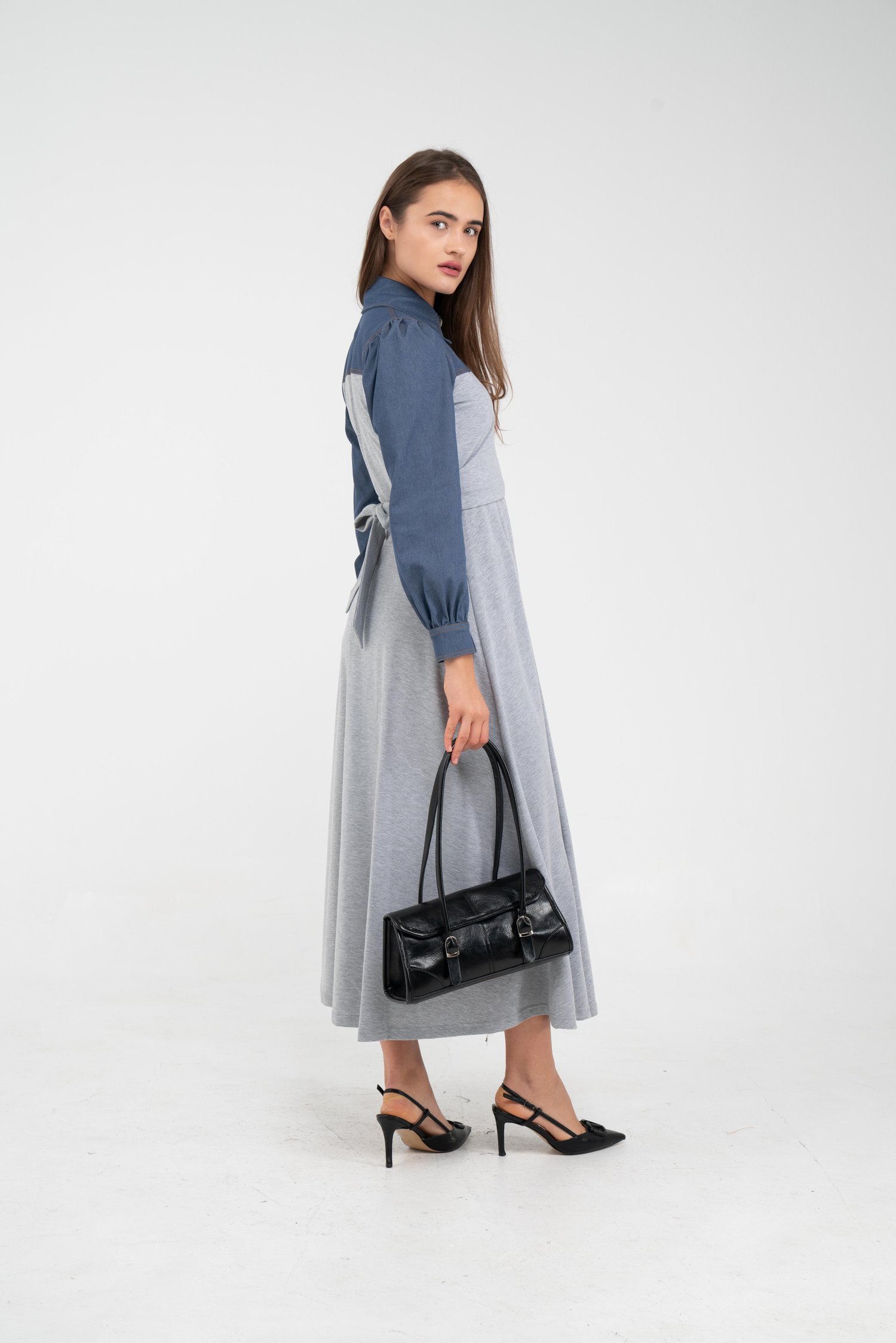 Denim Detaylı Uzun Elbise K1721