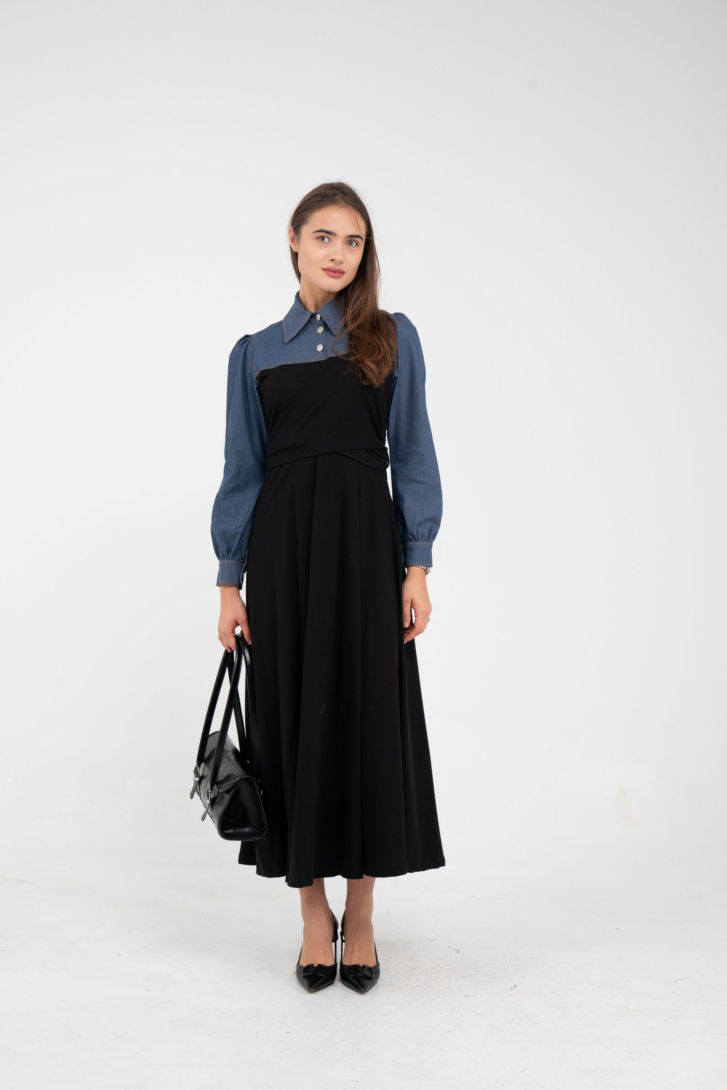 Denim Detaylı Uzun Elbise K1721