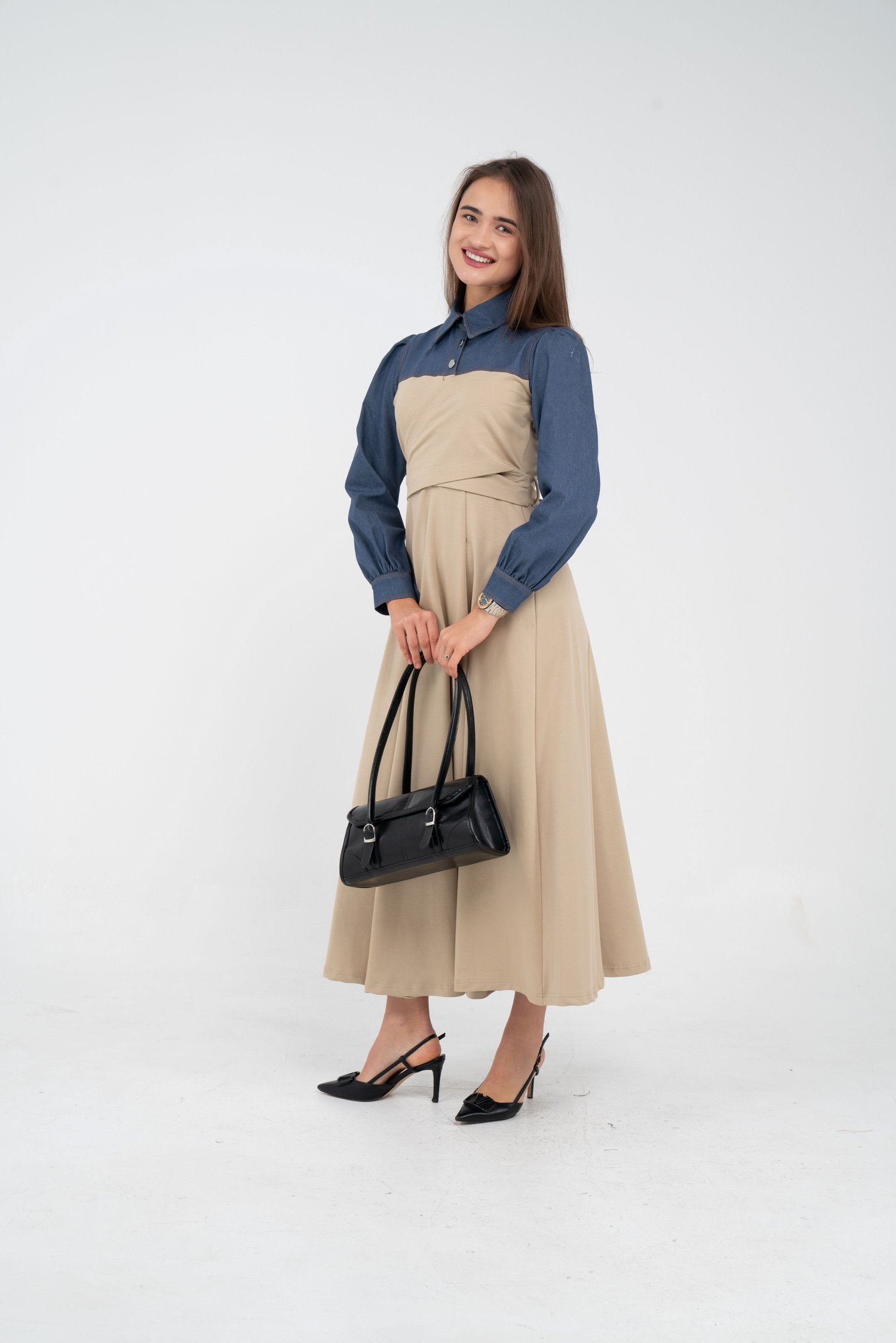 Denim Detaylı Uzun Elbise K1721