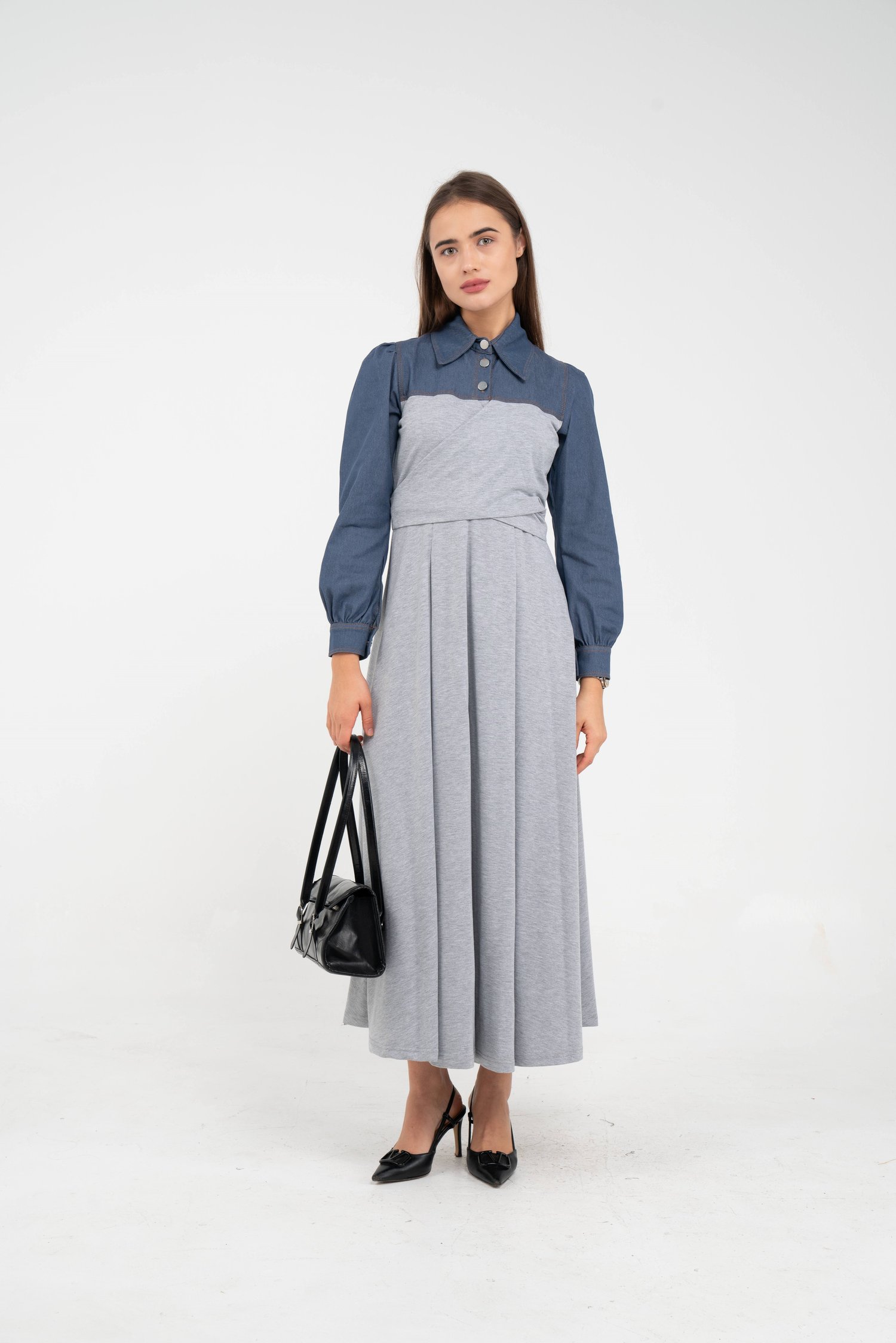 Denim Detaylı Uzun Elbise K1721