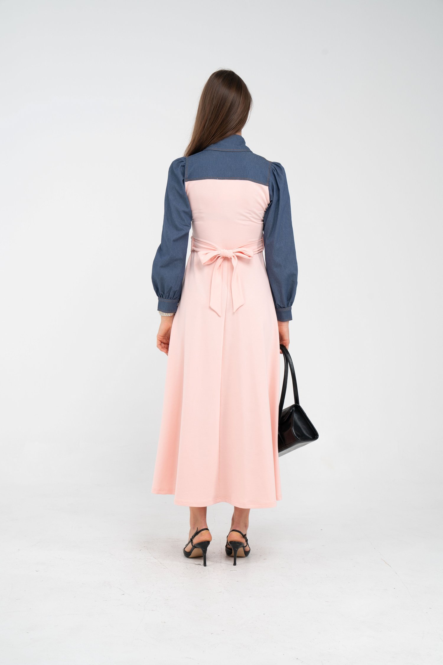 Denim Detaylı Uzun Elbise K1721