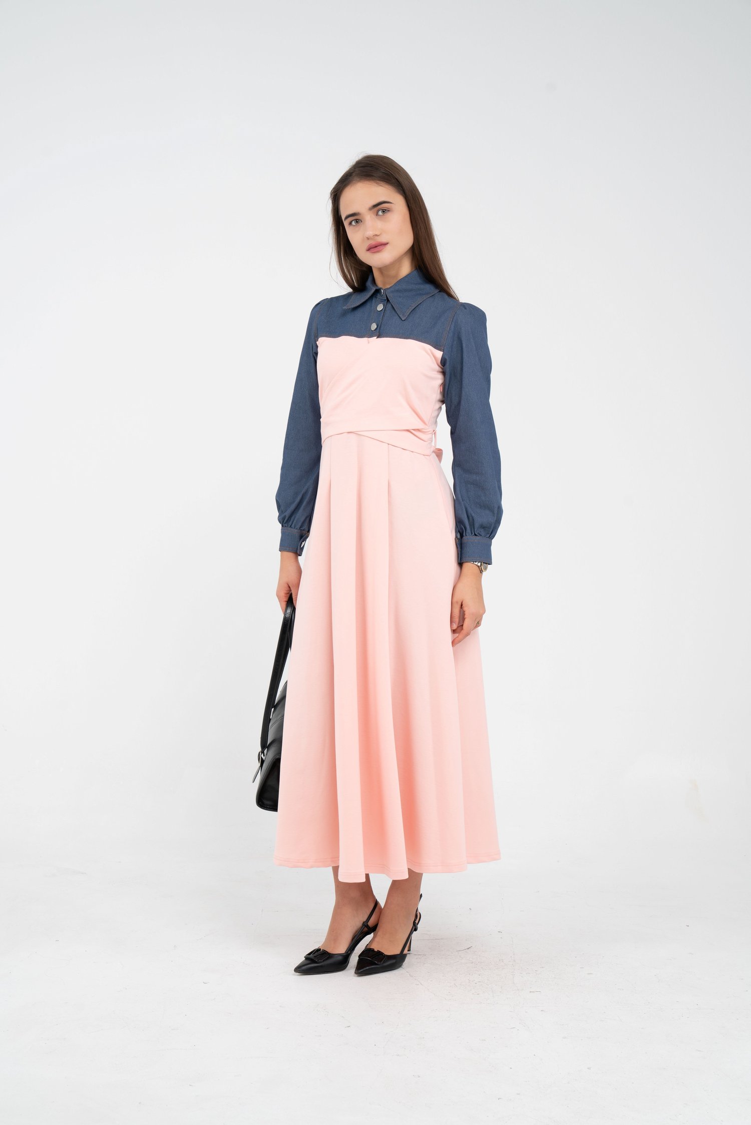 Denim Detaylı Uzun Elbise K1721